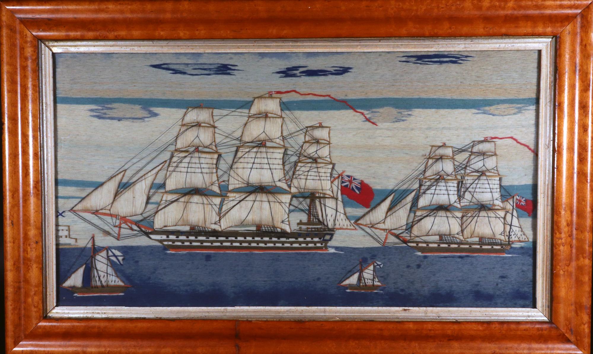 British Sailor's Woolwork of Four ships including two Royal Navy Ships,
Circa 1875

The charming small sailor's woolwork picture with a rare subject depicting a port side view of four ships coming into a Russian port.  Two Royal Navy ships, a large