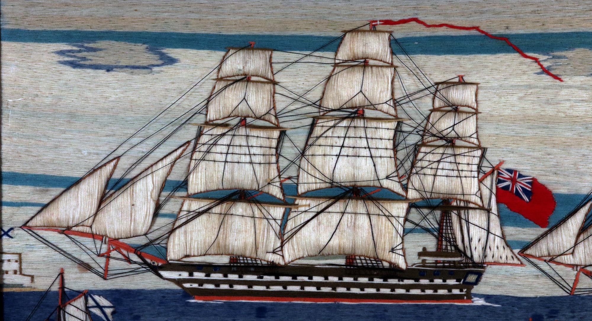 Folk Art British Sailor's Woolwork of Four ships including two Royal Navy Ships For Sale