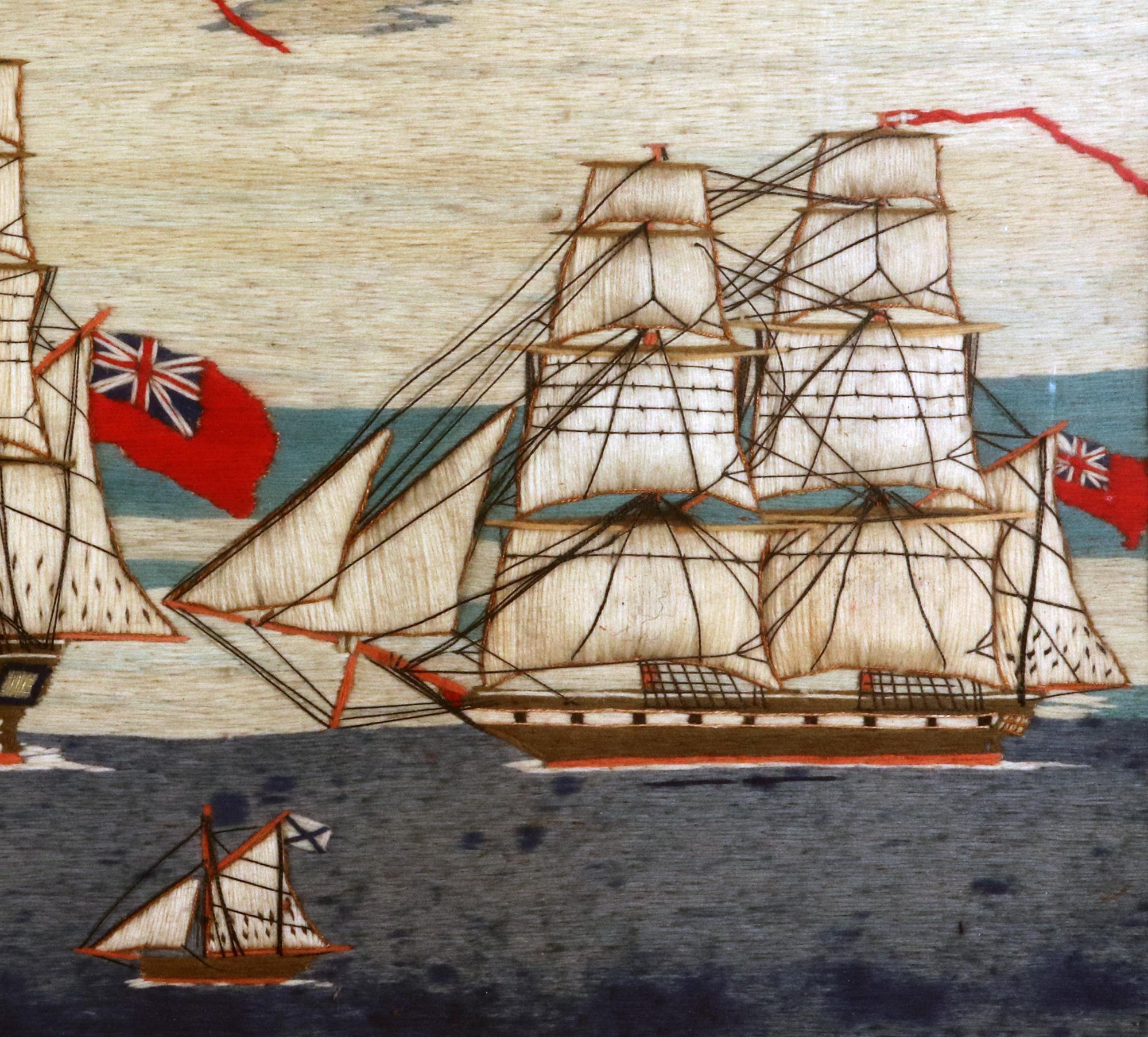 English British Sailor's Woolwork of Four ships including two Royal Navy Ships For Sale
