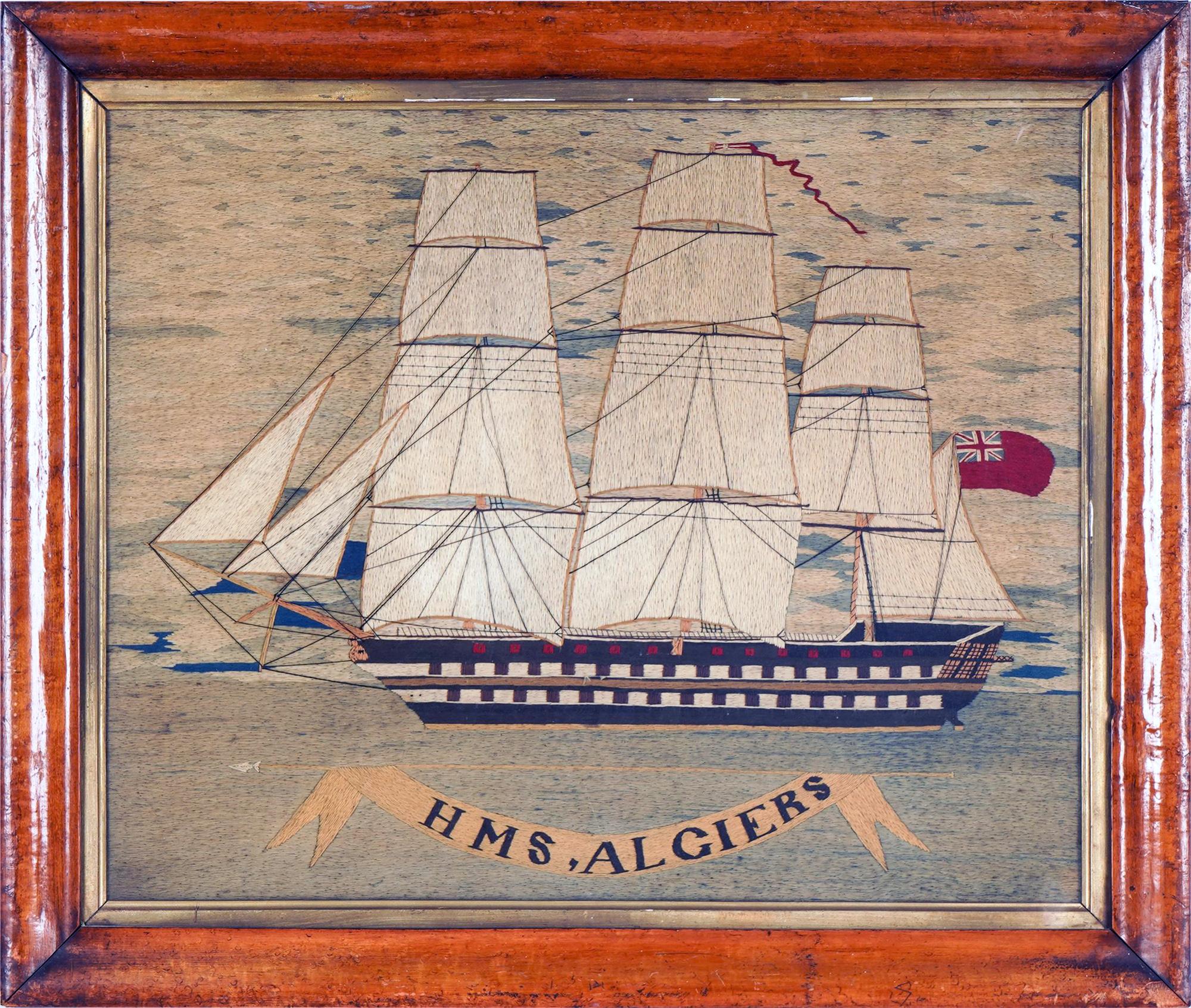 British sailor's woolwork of H.M.S. Algiers,
Circa 1865

The British sailor's woolie depicts the HMS Algiers. The Second Rate Battleship is depicted under sail with a portside view as she sails on a blue sea. The ship is named on a light colored