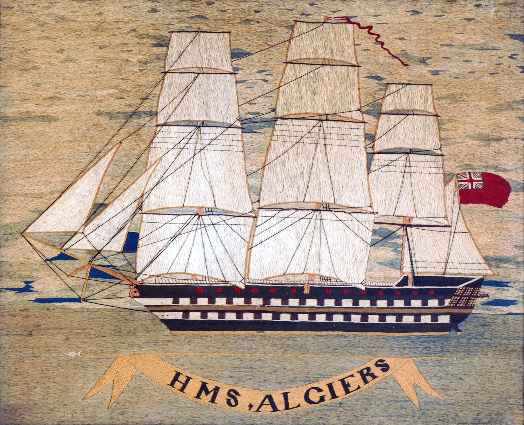 Folk Art British Sailor's Woolwork of H.M.S. Algiers, circa 1865