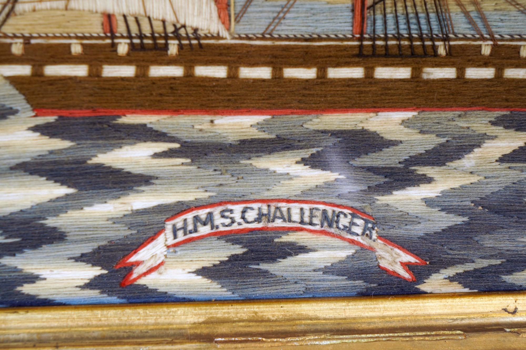 British Sailor's woolwork of H.M.S. Challenger,
Pearl-class Corvette,
Circa 1865

The British sailor's woolie depicts a port side view of the HMS Challenger, a pearl class corvette, under steam and sail on a checkerboard sea. A banner below has