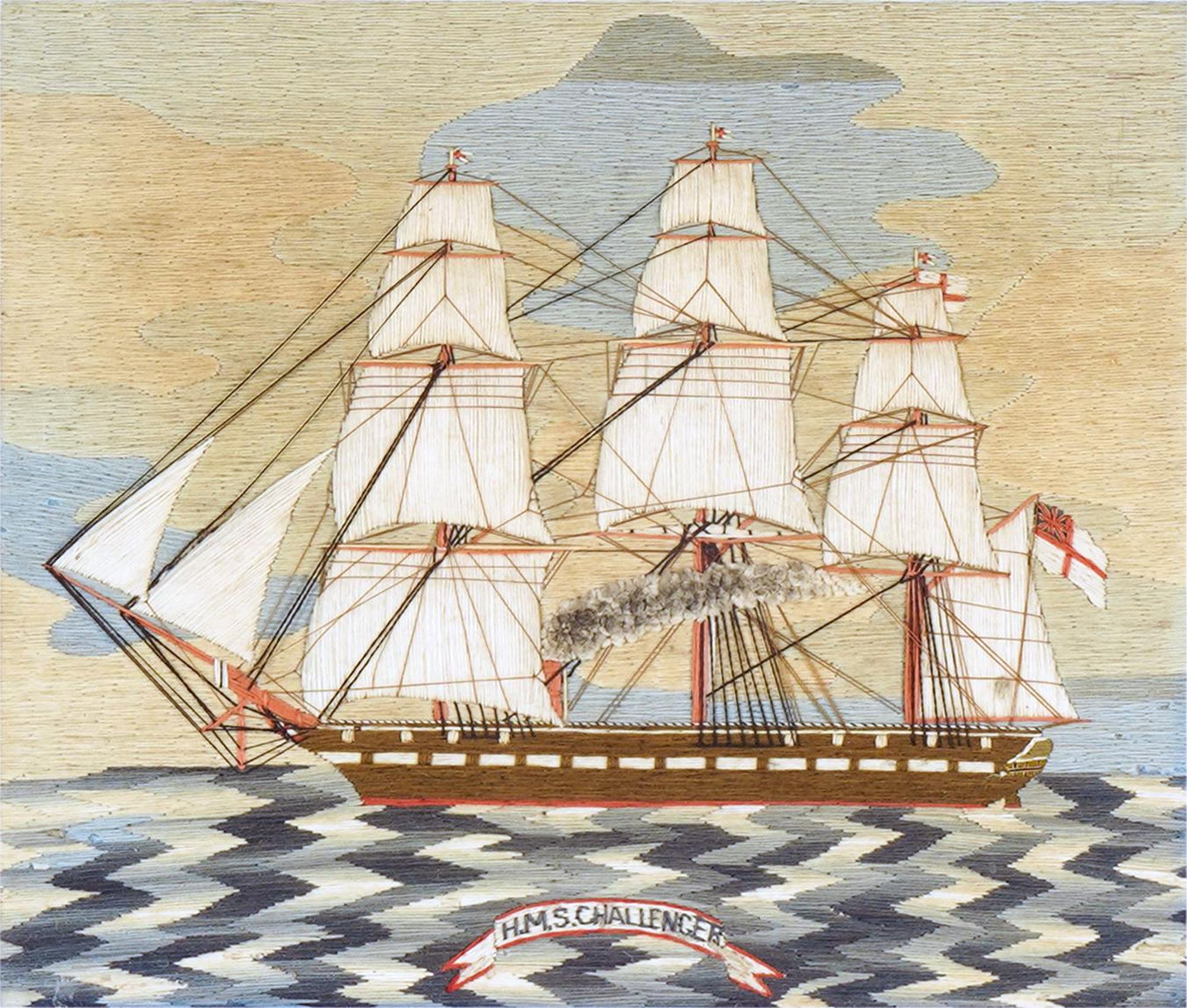 Folk Art British Sailor's Woolwork of H.M.S. Challenger