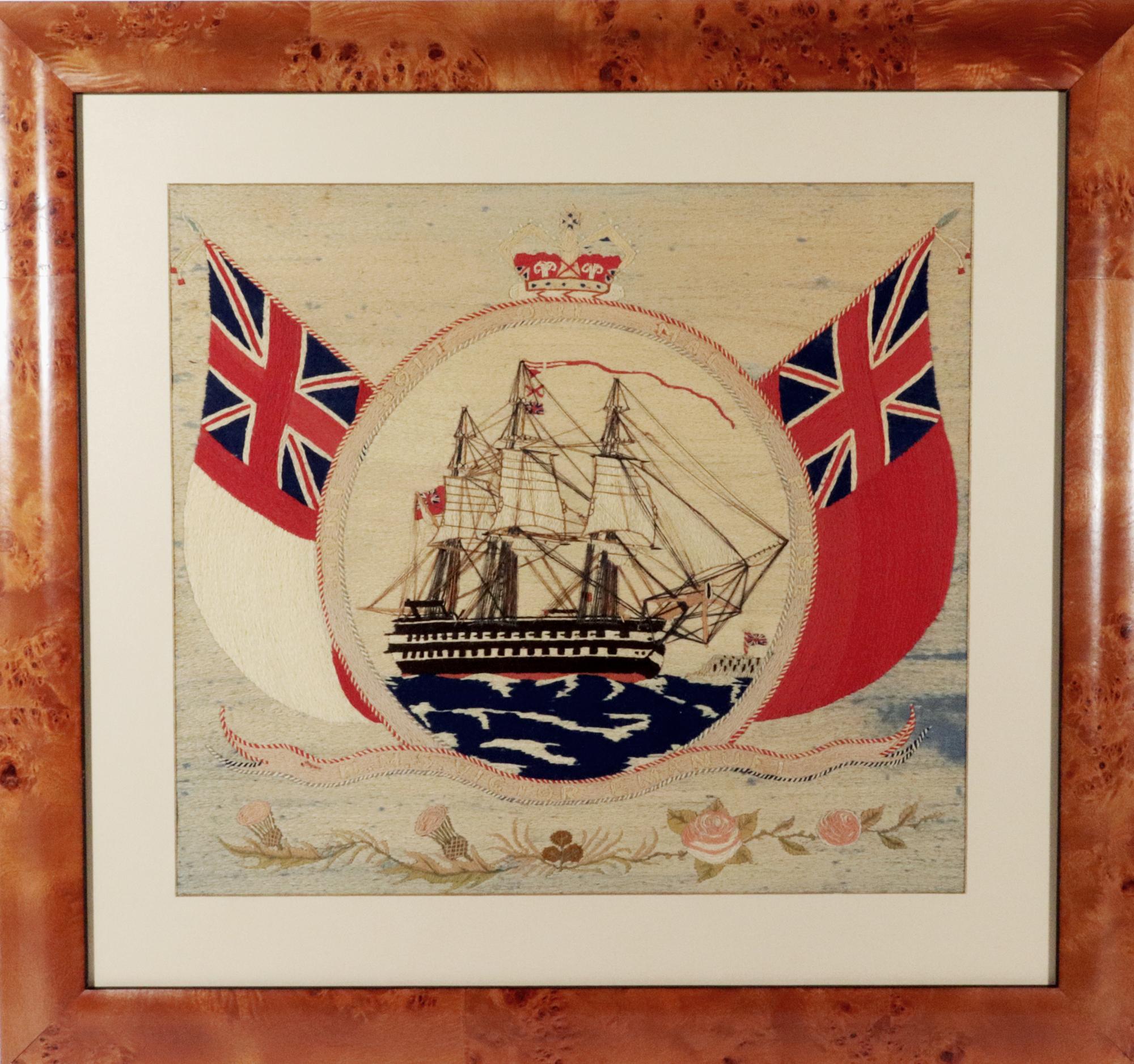 British Sailor's Woolwork of HMS Victor Emanuel with Red and White Ensign Border,
Named after Victor Emanuel, King of Sardinia (also known as Piedmont-Sardinia) and future King of Italy,
Circa 1865-75

The square format British sailor's woolwork or
