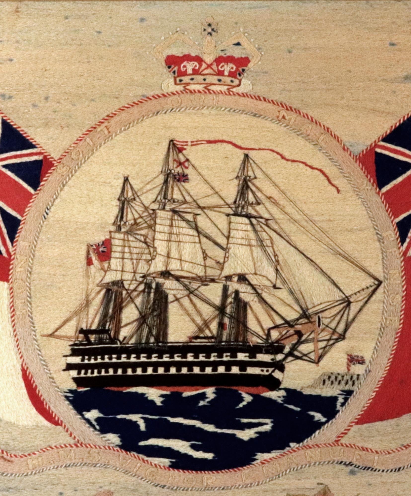 Folk Art British Sailor's Woolwork of HMS Victor Emanuel with Red and White Ensign Border For Sale