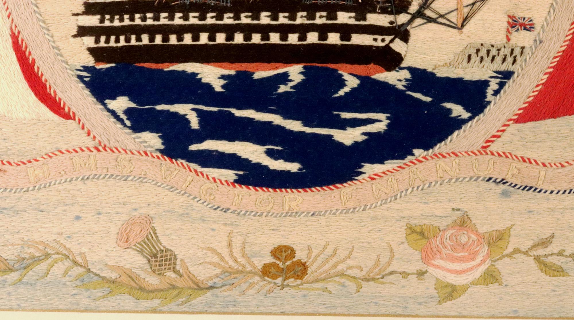English British Sailor's Woolwork of HMS Victor Emanuel with Red and White Ensign Border For Sale