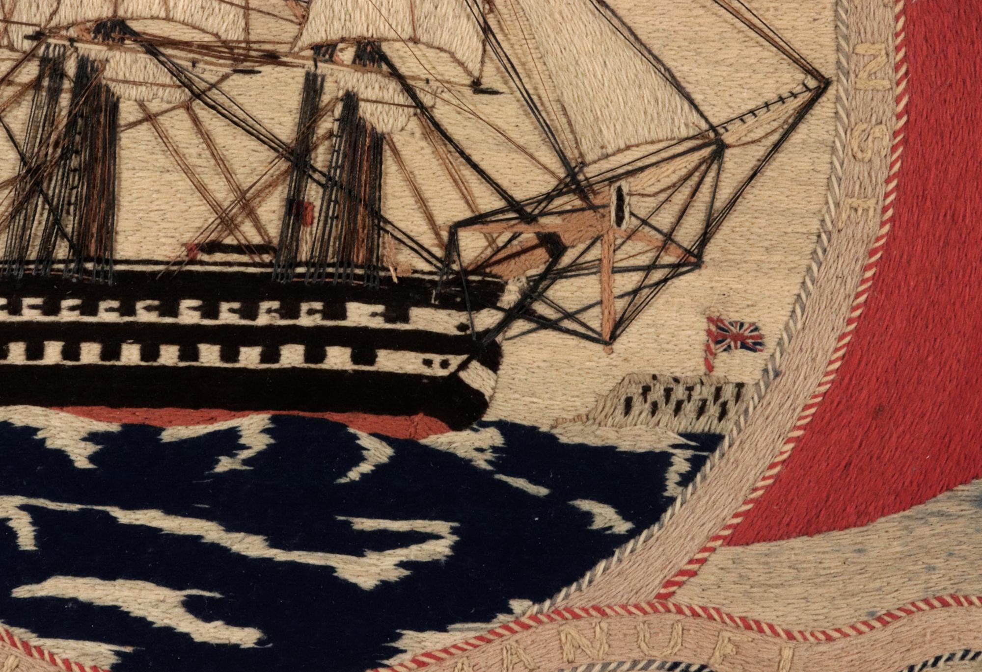 Late 19th Century British Sailor's Woolwork of HMS Victor Emanuel with Red and White Ensign Border For Sale
