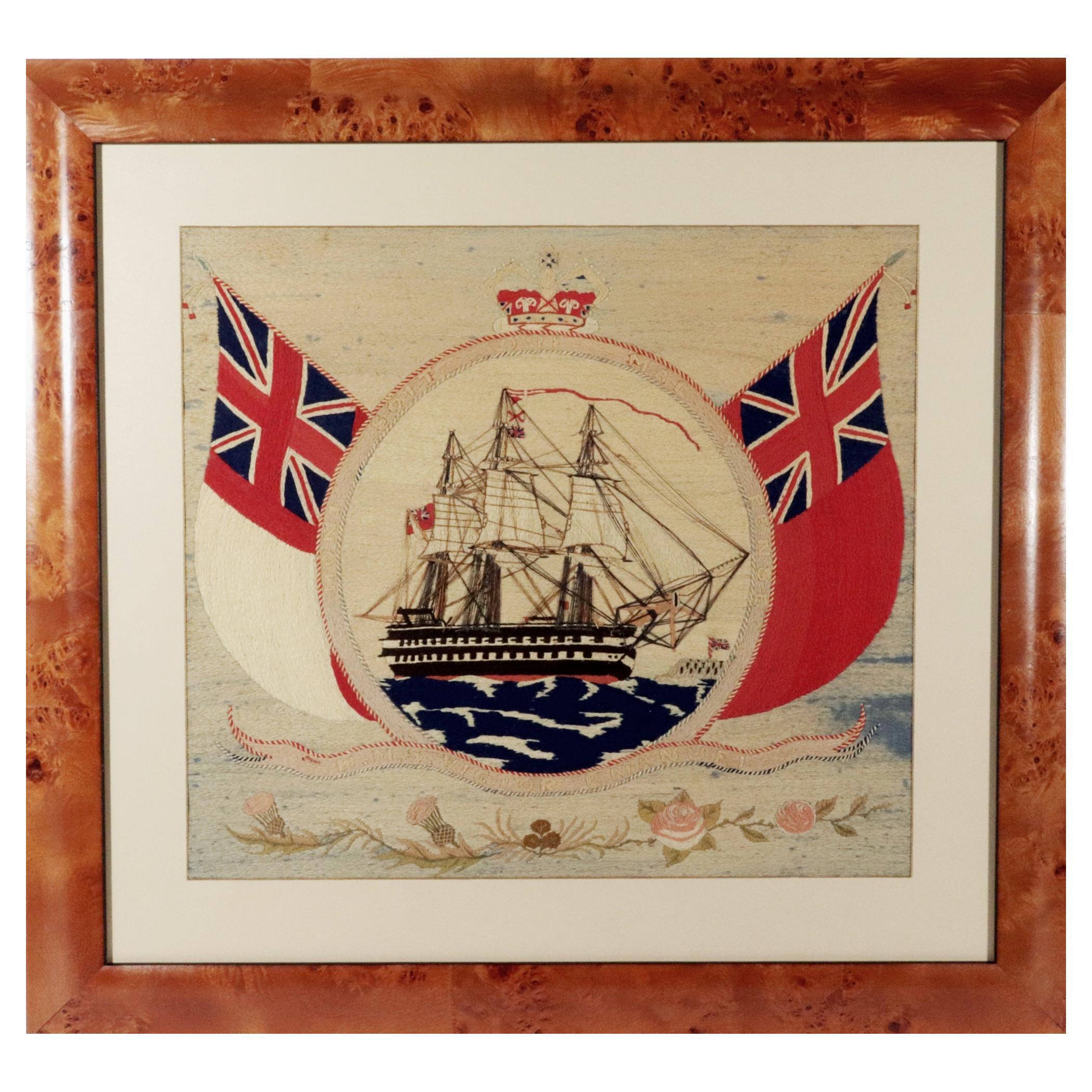 British Sailor's Woolwork of HMS Victor Emanuel with Red and White Ensign Border