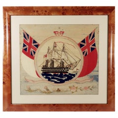 Antique British Sailor's Woolwork of HMS Victor Emanuel with Red and White Ensign Border