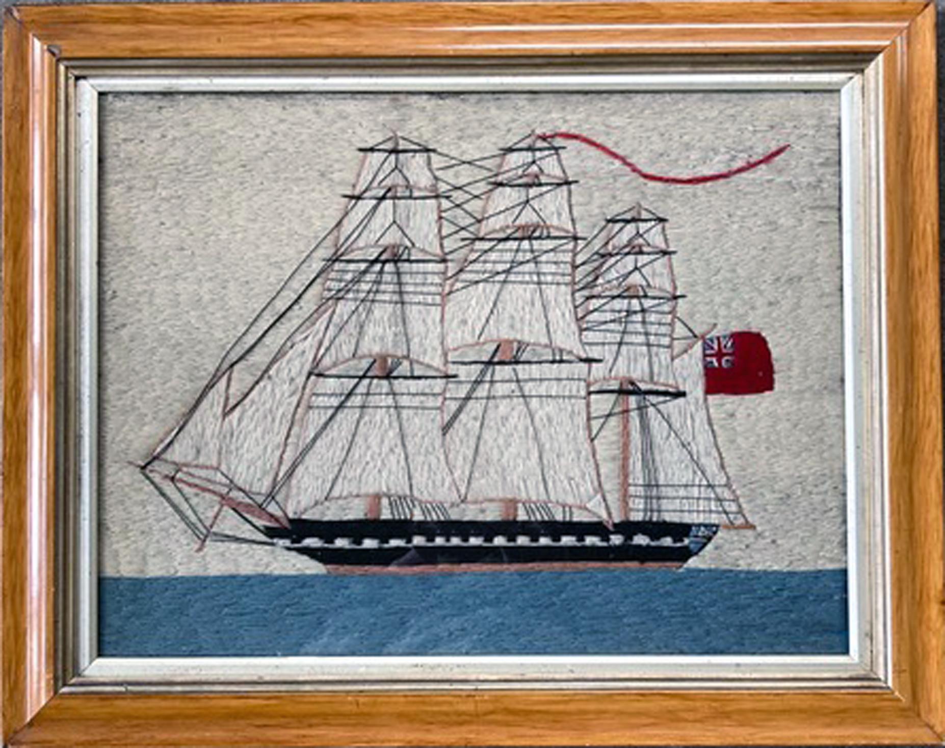 British Sailor's Woolwork of Merchant Ship Under Full Sail,
Circa 1875

The British sailor's woolie depicts a port side view of a large three-masted ship flying the Red Ensign on a flat blue sea.  From the main mast flies a long red pennant or