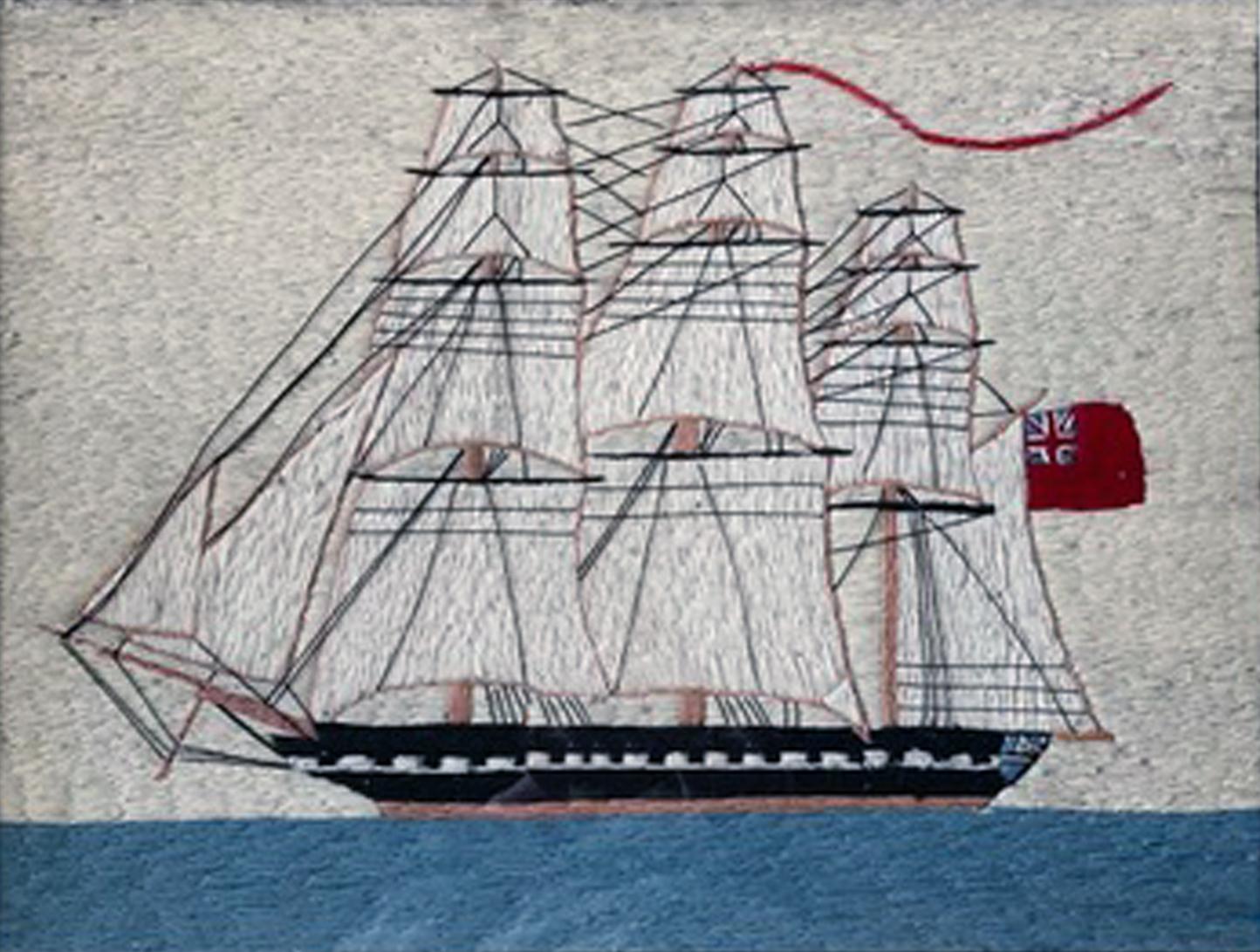 Folk Art British Sailor's Woolwork of Merchant Ship Under Full Sail For Sale