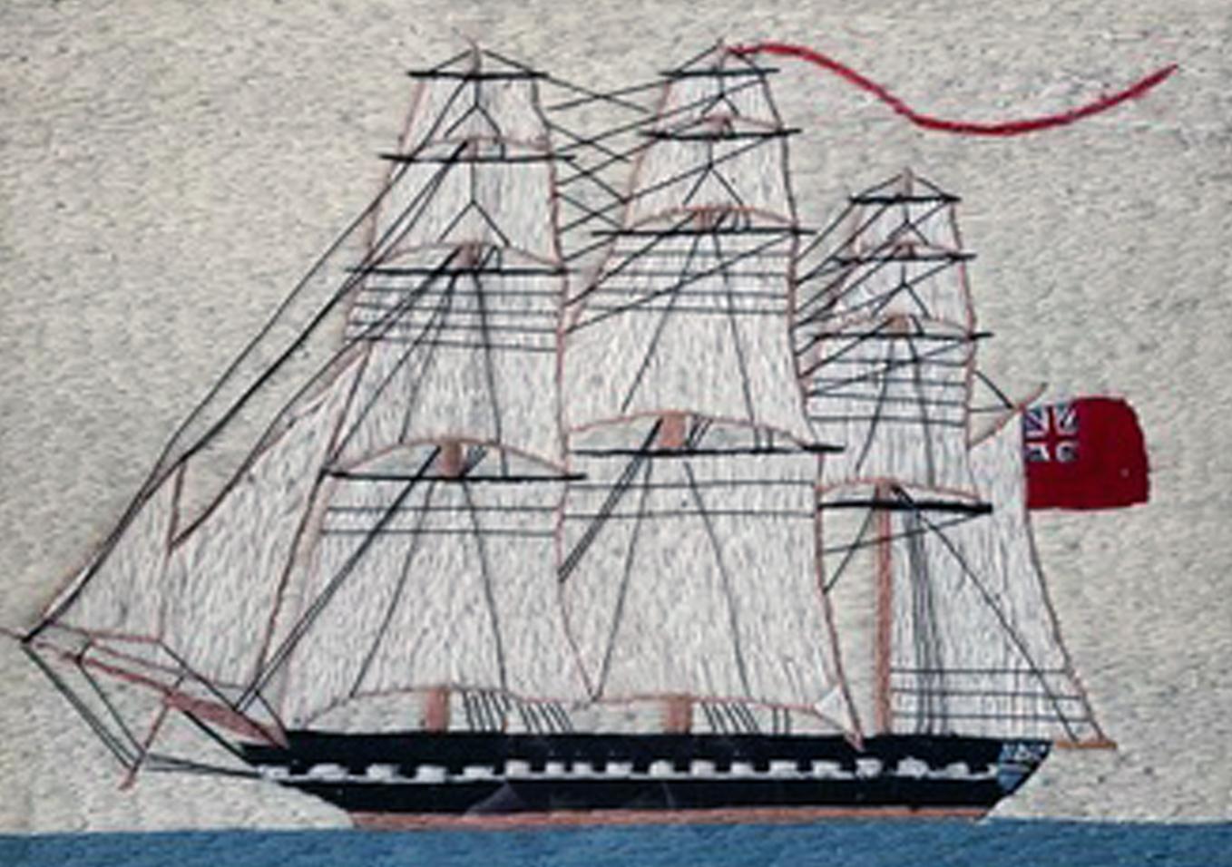 Late 19th Century British Sailor's Woolwork of Merchant Ship Under Full Sail For Sale