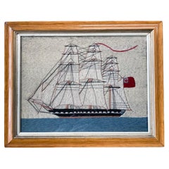 Antique British Sailor's Woolwork of Merchant Ship Under Full Sail