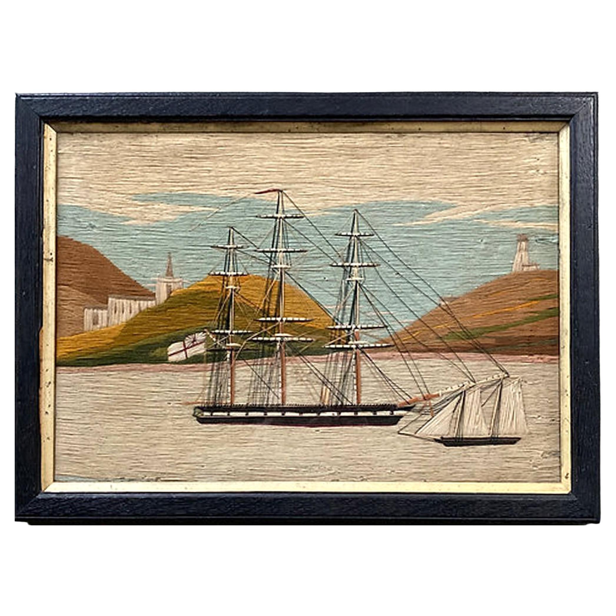British Sailor's Woolwork of Royal Navy Ship Anchored in Bay,
Circa 1860-75

This charming sailor's woolwork, commonly referred to as a 
