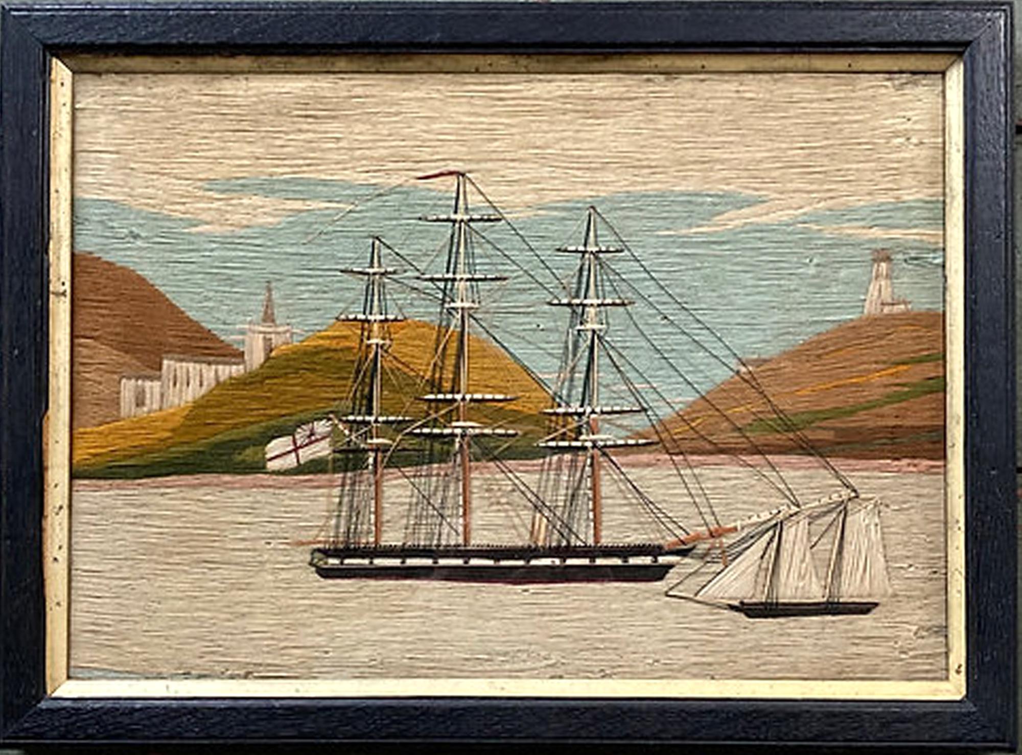 Folk Art British Sailor's Woolwork of Royal Navy Ship Anchored in Bay For Sale