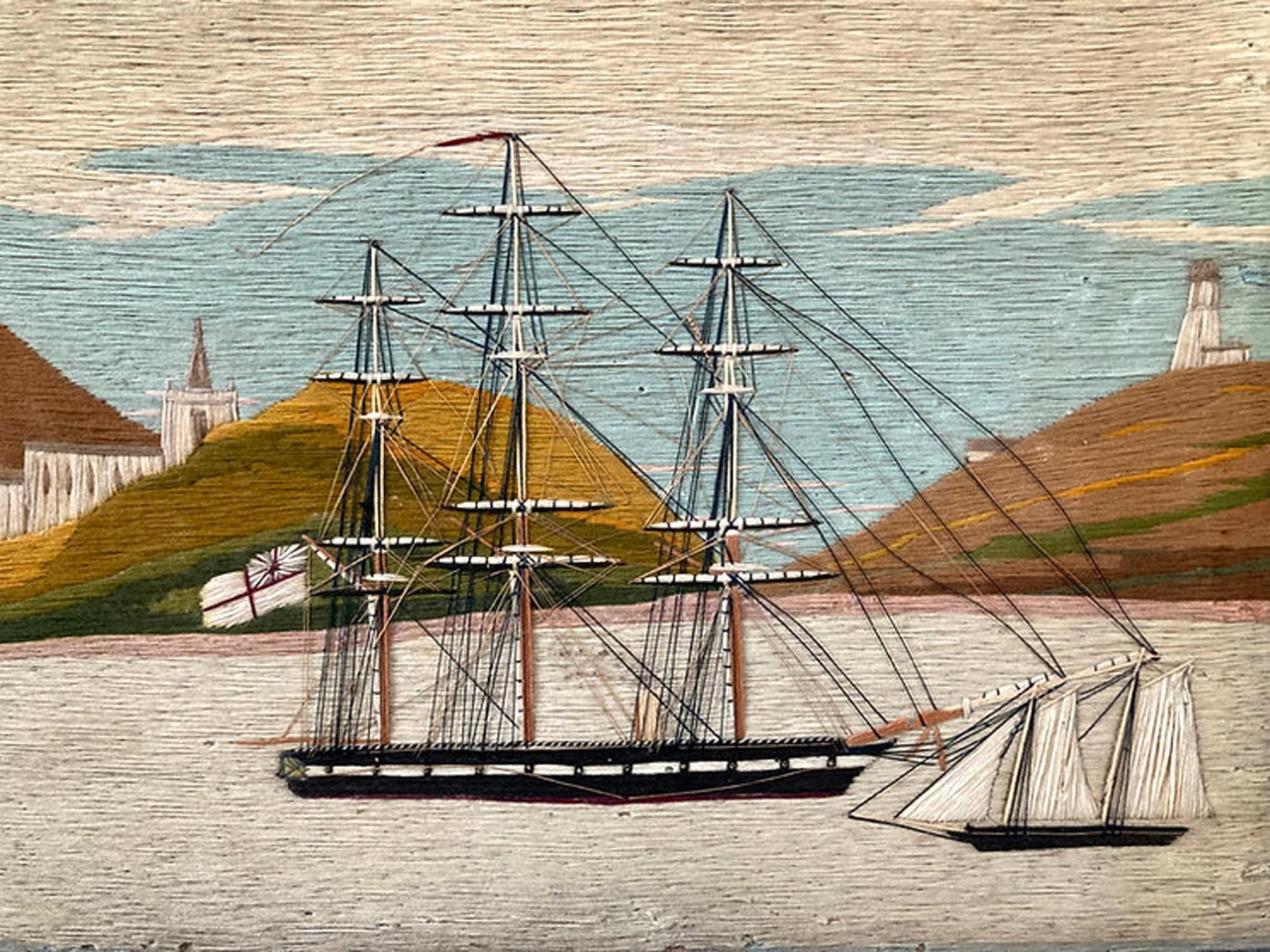 English British Sailor's Woolwork of Royal Navy Ship Anchored in Bay For Sale