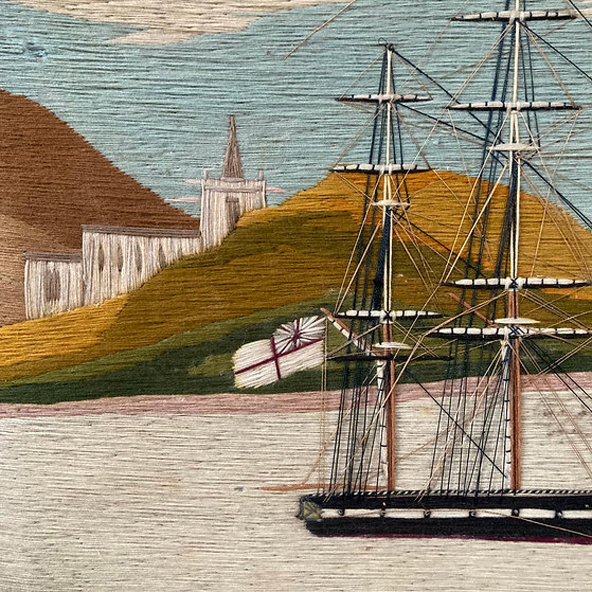 British Sailor's Woolwork of Royal Navy Ship Anchored in Bay In Good Condition For Sale In Downingtown, PA