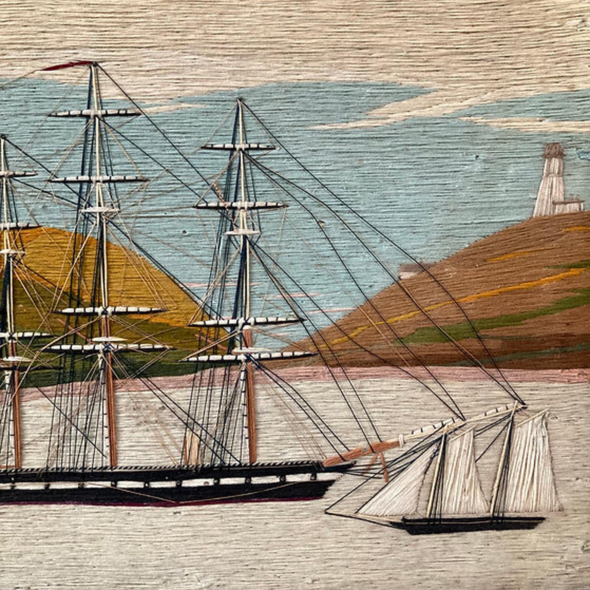 19th Century British Sailor's Woolwork of Royal Navy Ship Anchored in Bay For Sale