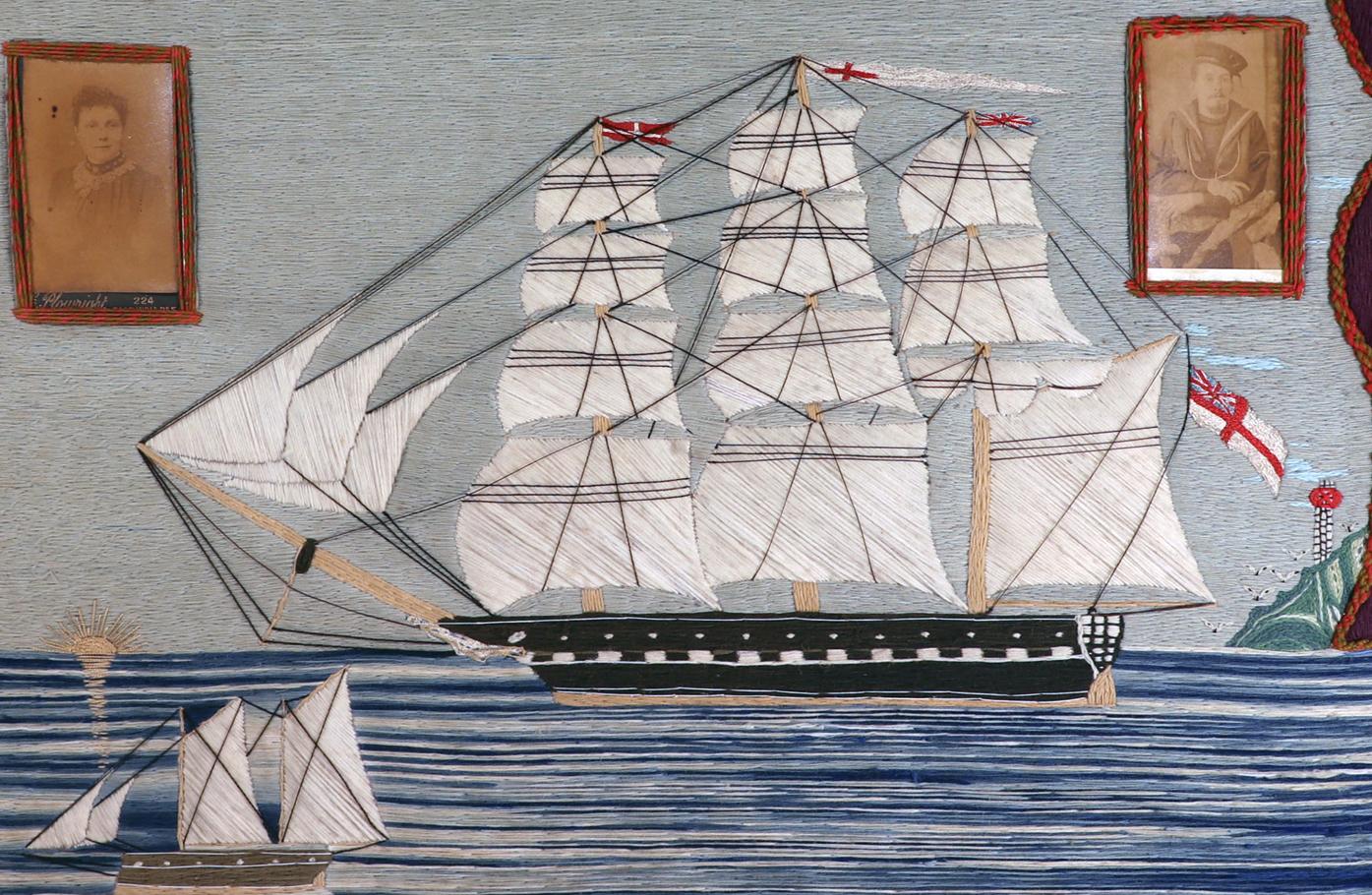 Folk Art British Sailor's Woolwork of Royal Navy Ship at Sea For Sale