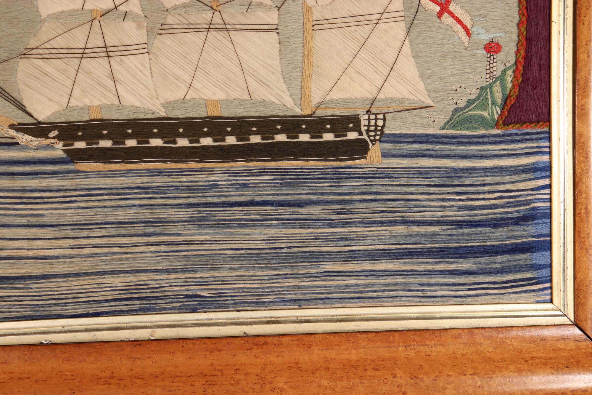 Milieu du XIXe siècle Laine de marin britannique représentant un navire de la Royal Navy en mer