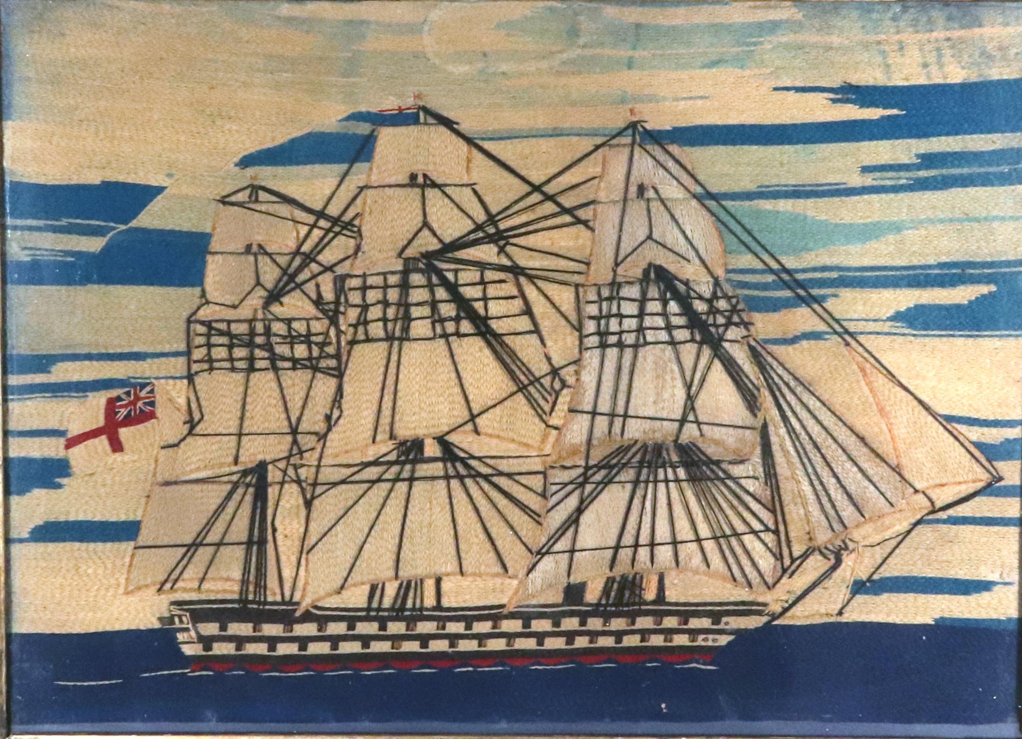 British Sailor's Woolwork of Royal Navy Ship,

The sailor's woolwork or woolie depicts a starboard view of a Second-Rate Royal Navy Ship with three masts.  The rigging is done in a thick thread and is quite prominent in the image.  The ship flies a