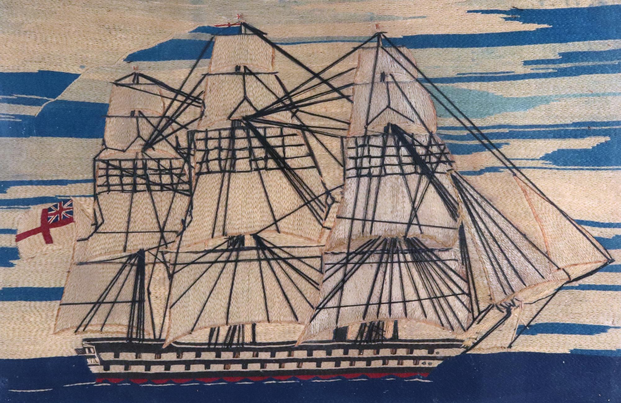 Folk Art British Sailor's Woolwork of Royal Navy Ship For Sale