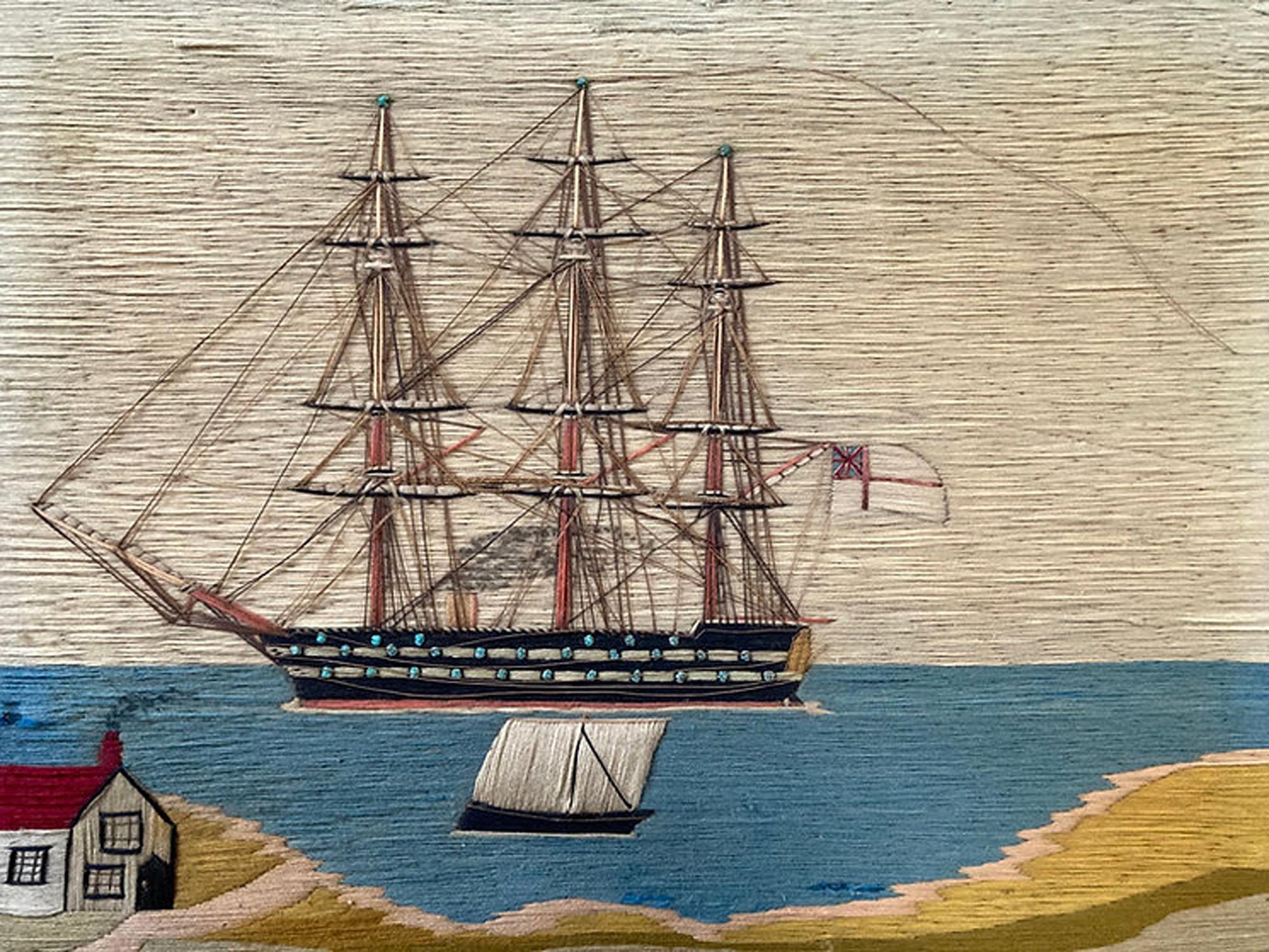 Lana de marinero británico de barco de la Marina Real en la bahía con casa Mediados del siglo XIX en venta