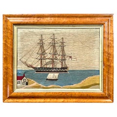Laine de matelot britannique représentant un navire de la Royal Navy dans une baie avec une maison