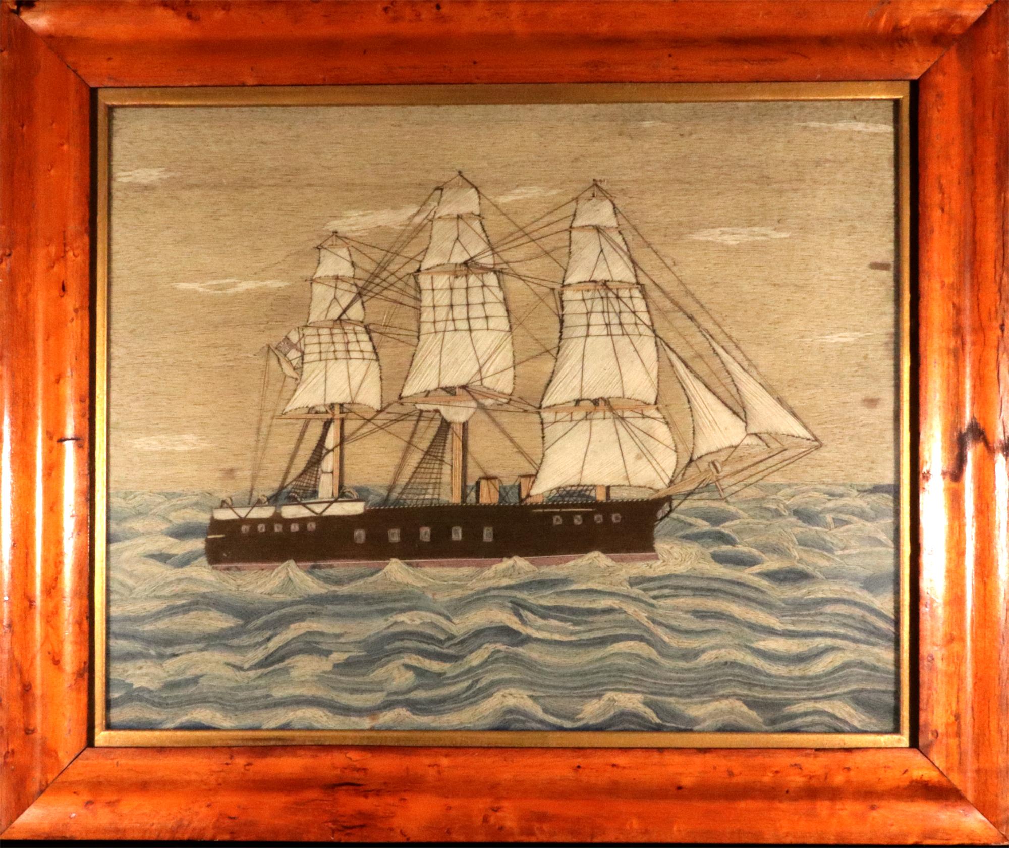 British Sailor's Woolwork of Royal Navy Ship in Rough Seas,
HMS Sultan,
Circa 1875

The British sailor's woolwork or woolie depicts a starboard view of a three-masted Royal Navy ship flying the White Ensign under sail on a rough sea.  The ship has