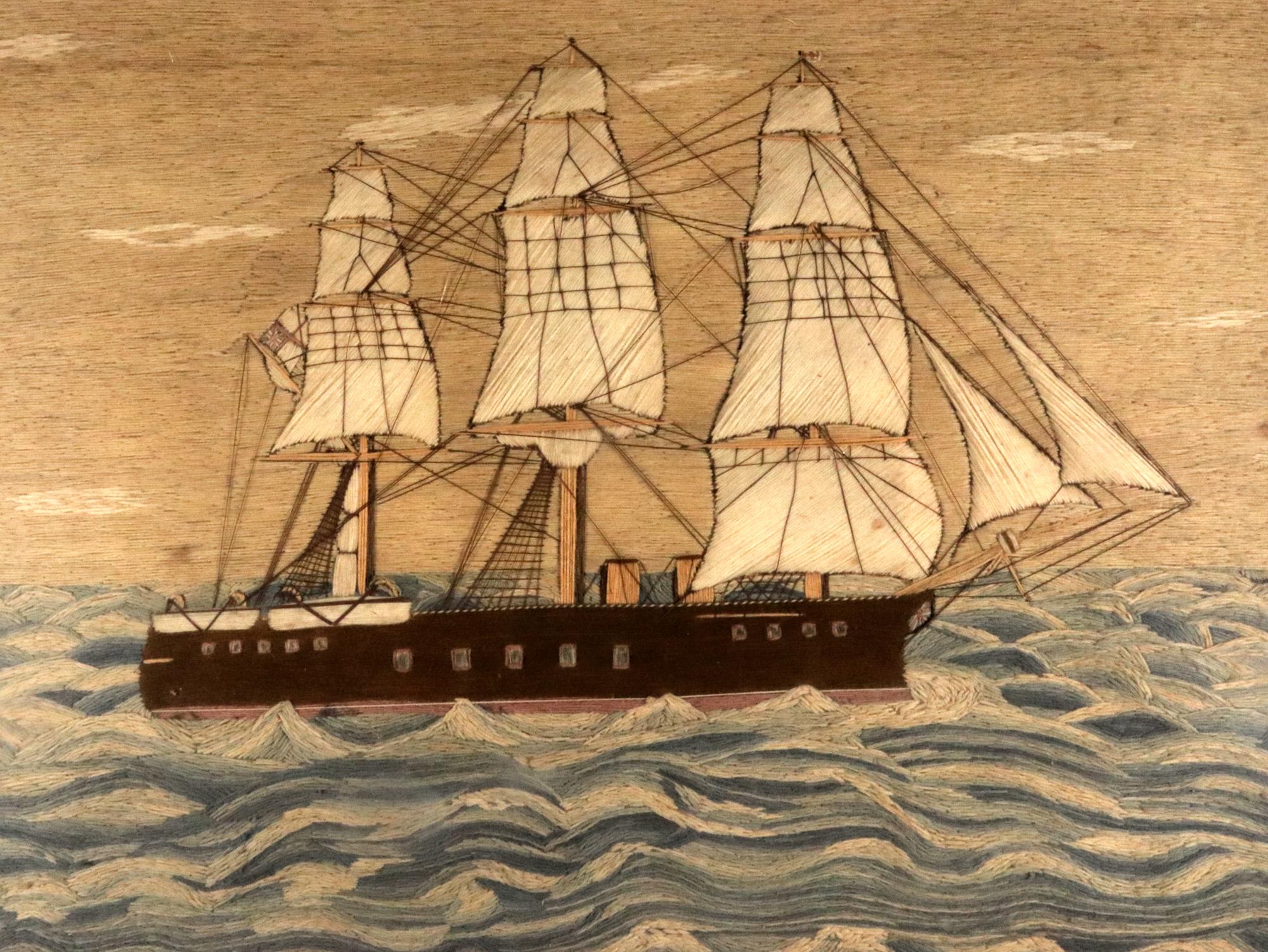Folk Art British Sailor's Woolwork of Royal Navy Ship in Rough Seas- HMS Sultan For Sale
