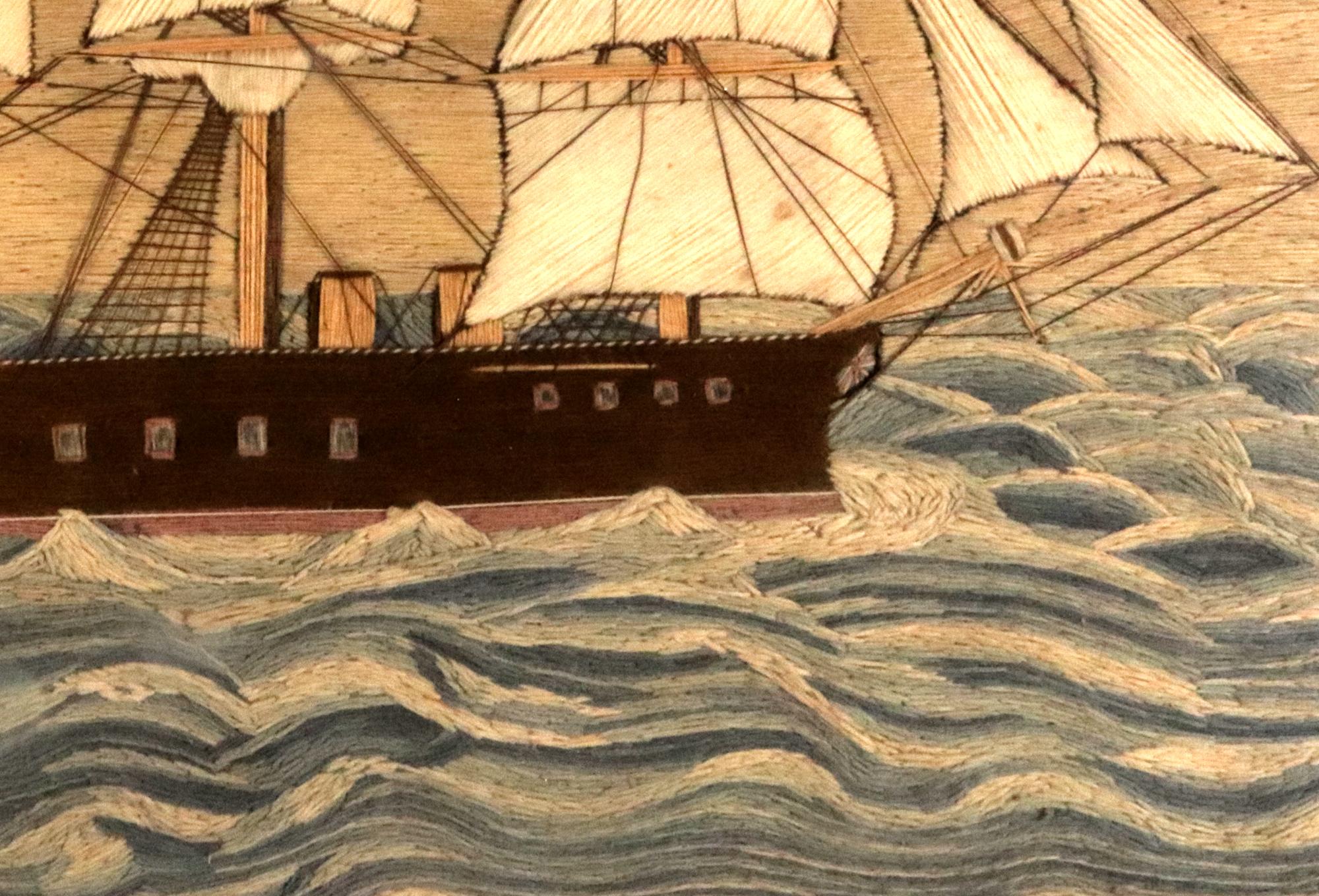 English British Sailor's Woolwork of Royal Navy Ship in Rough Seas- HMS Sultan For Sale