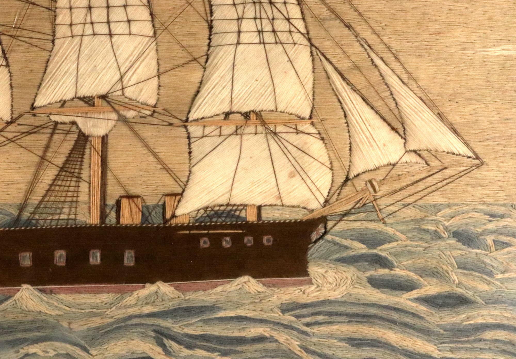 British Sailor's Woolwork of Royal Navy Ship in Rough Seas- HMS Sultan In Good Condition For Sale In Downingtown, PA