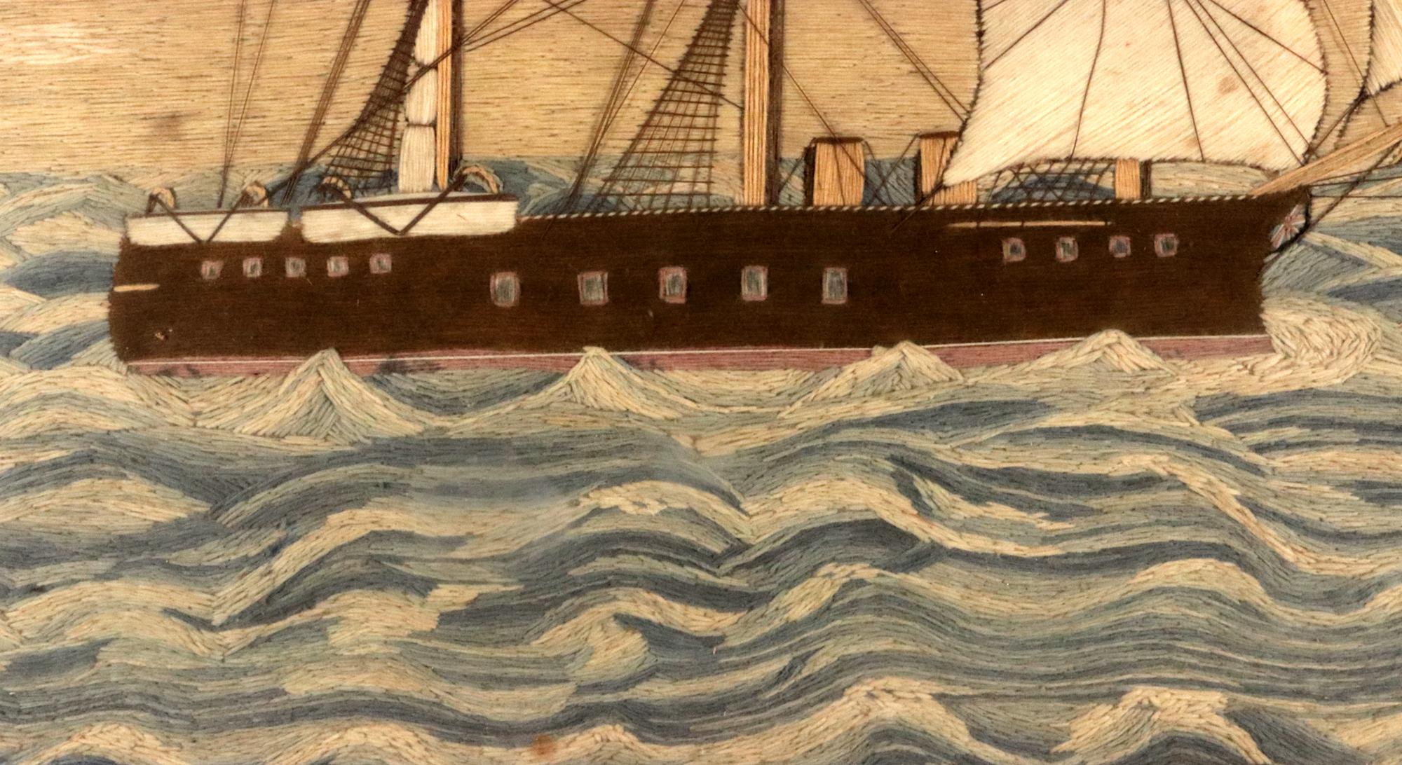 Late 19th Century British Sailor's Woolwork of Royal Navy Ship in Rough Seas- HMS Sultan For Sale