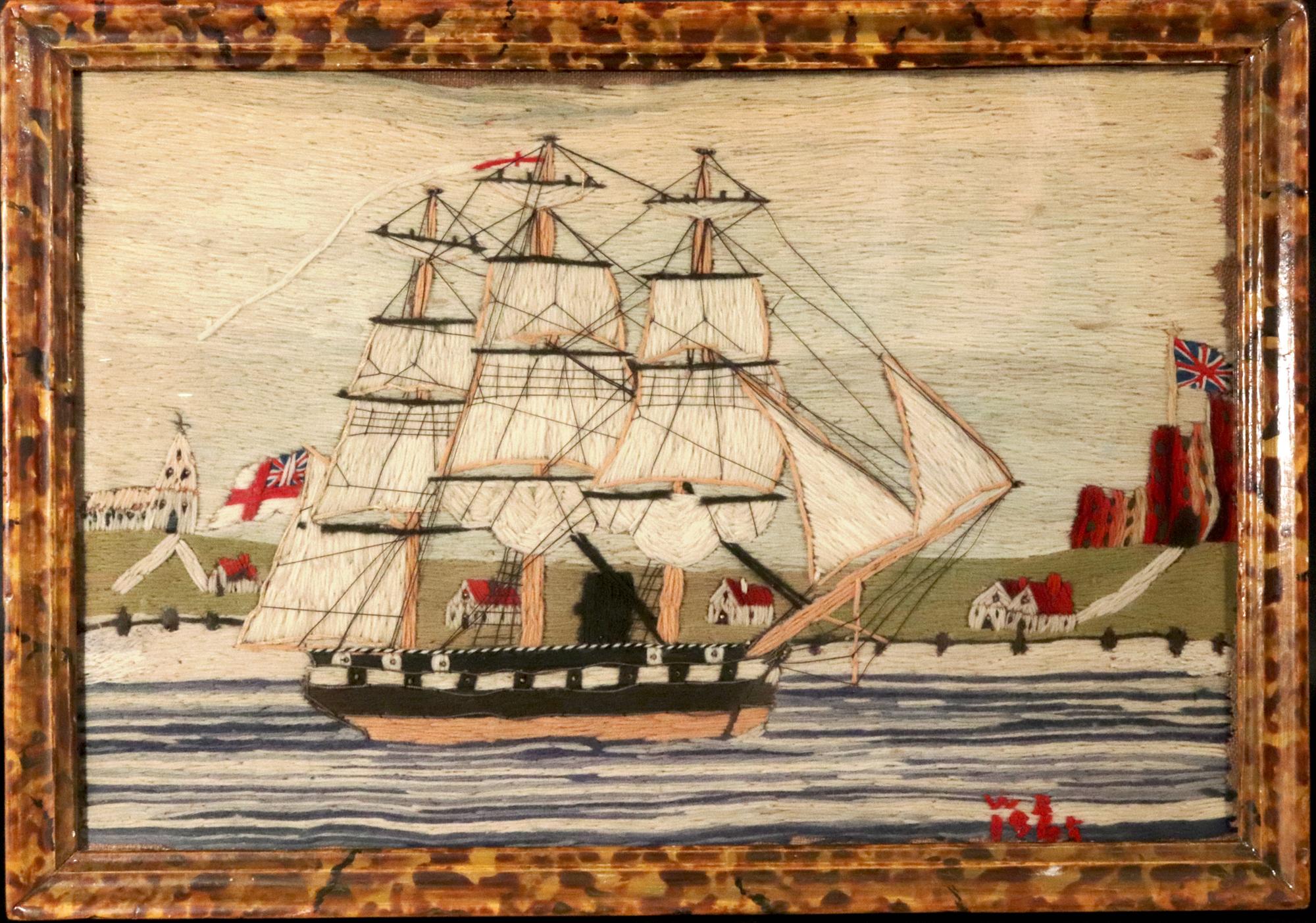 British Sailor's Woolwork of Royal Navy Ship off Land,
Signiert und datiert WR 1865.

Diese detailgetreue Miniatur-Wollarbeit stellt ein Schiff der Royal Navy dar, das 1865 vor der Küste segelt. Diese als 