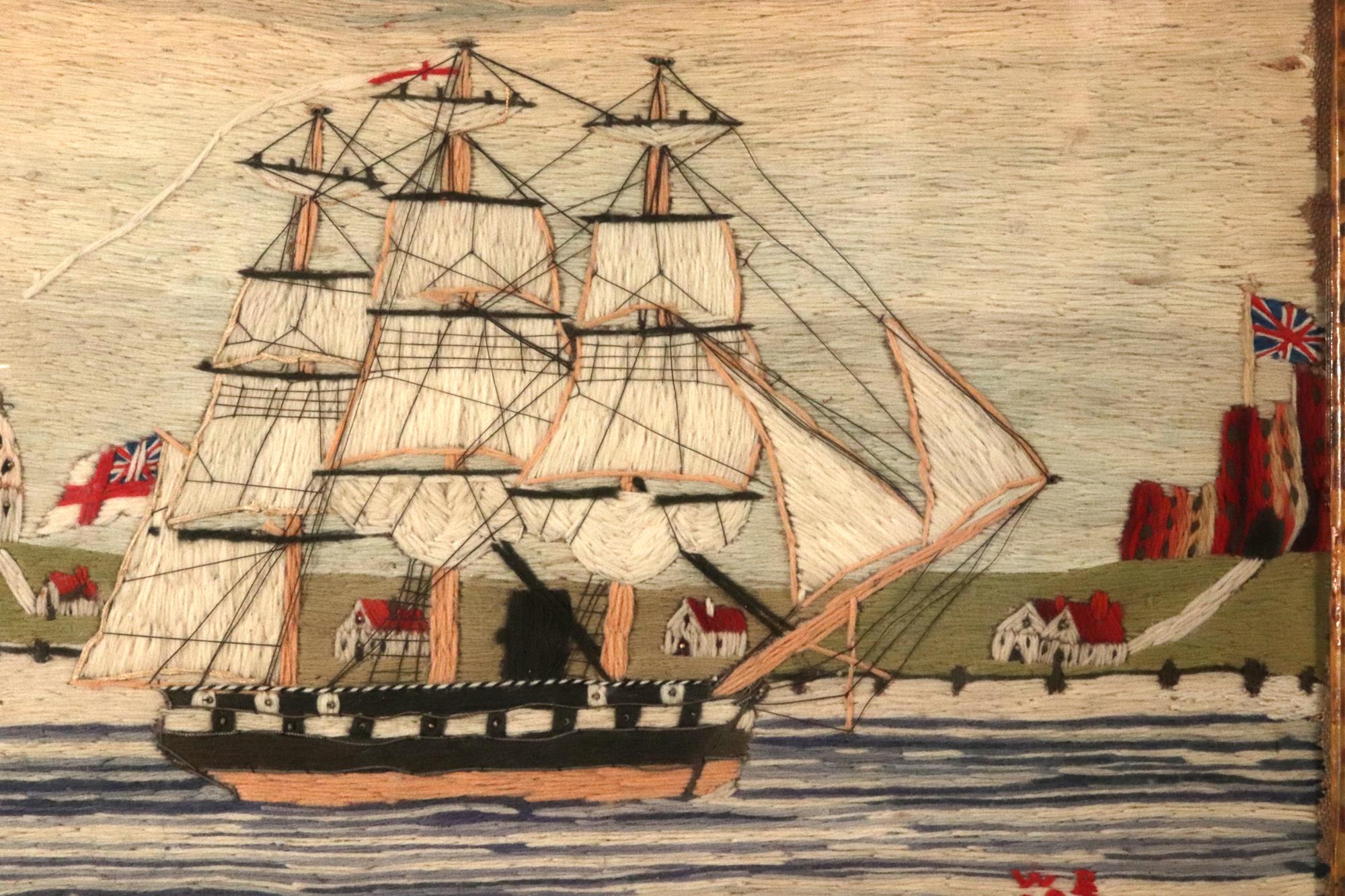 Britisches Matrosenwollbild von einem Schiff der Royal Navy vor Land, signiert und datiert WR 1865 (Volkskunst) im Angebot