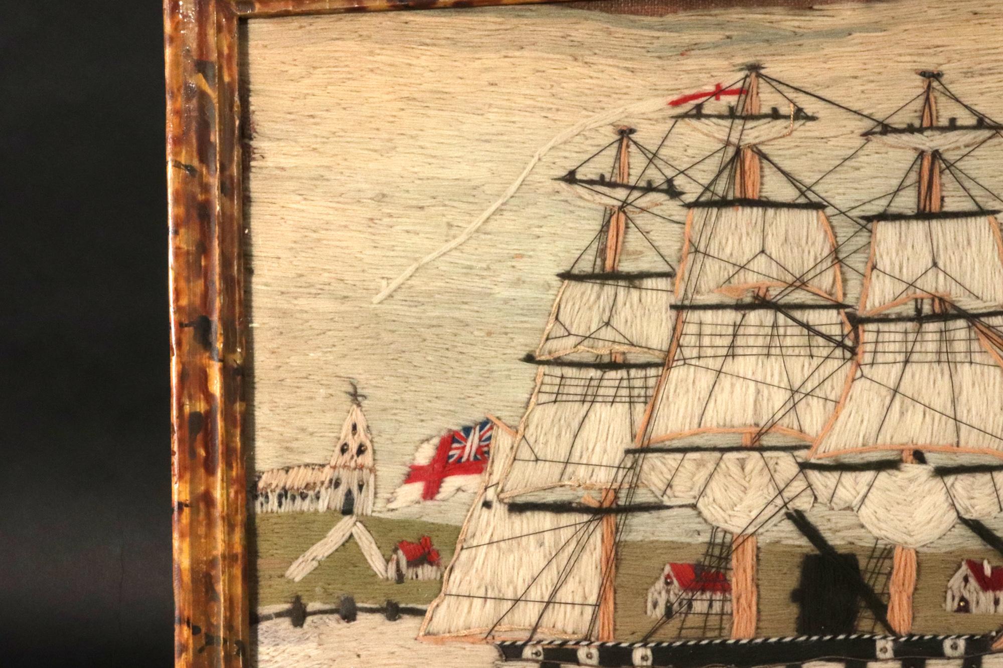 Britisches Matrosenwollbild von einem Schiff der Royal Navy vor Land, signiert und datiert WR 1865 im Zustand „Gut“ im Angebot in Downingtown, PA