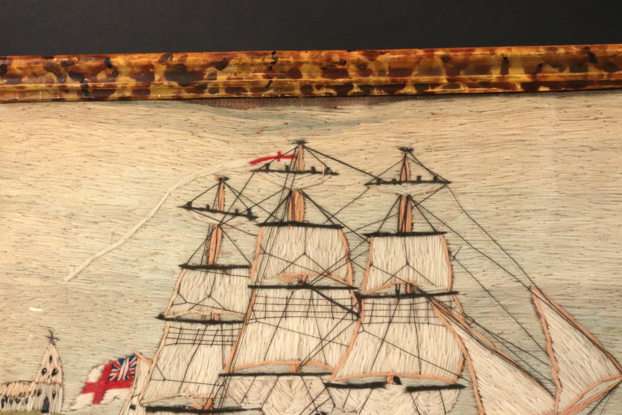Britisches Matrosenwollbild von einem Schiff der Royal Navy vor Land, signiert und datiert WR 1865 (19. Jahrhundert) im Angebot
