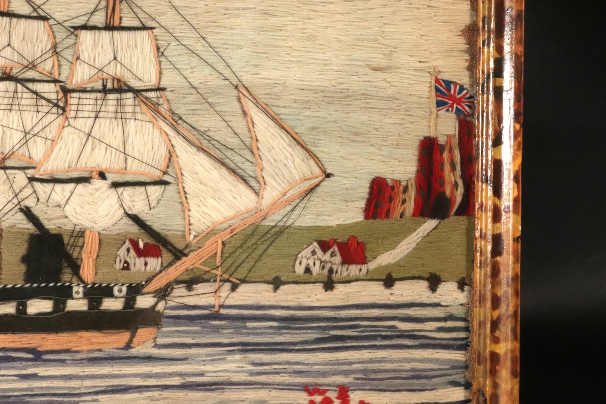 Britisches Matrosenwollbild von einem Schiff der Royal Navy vor Land, signiert und datiert WR 1865 (Wolle) im Angebot