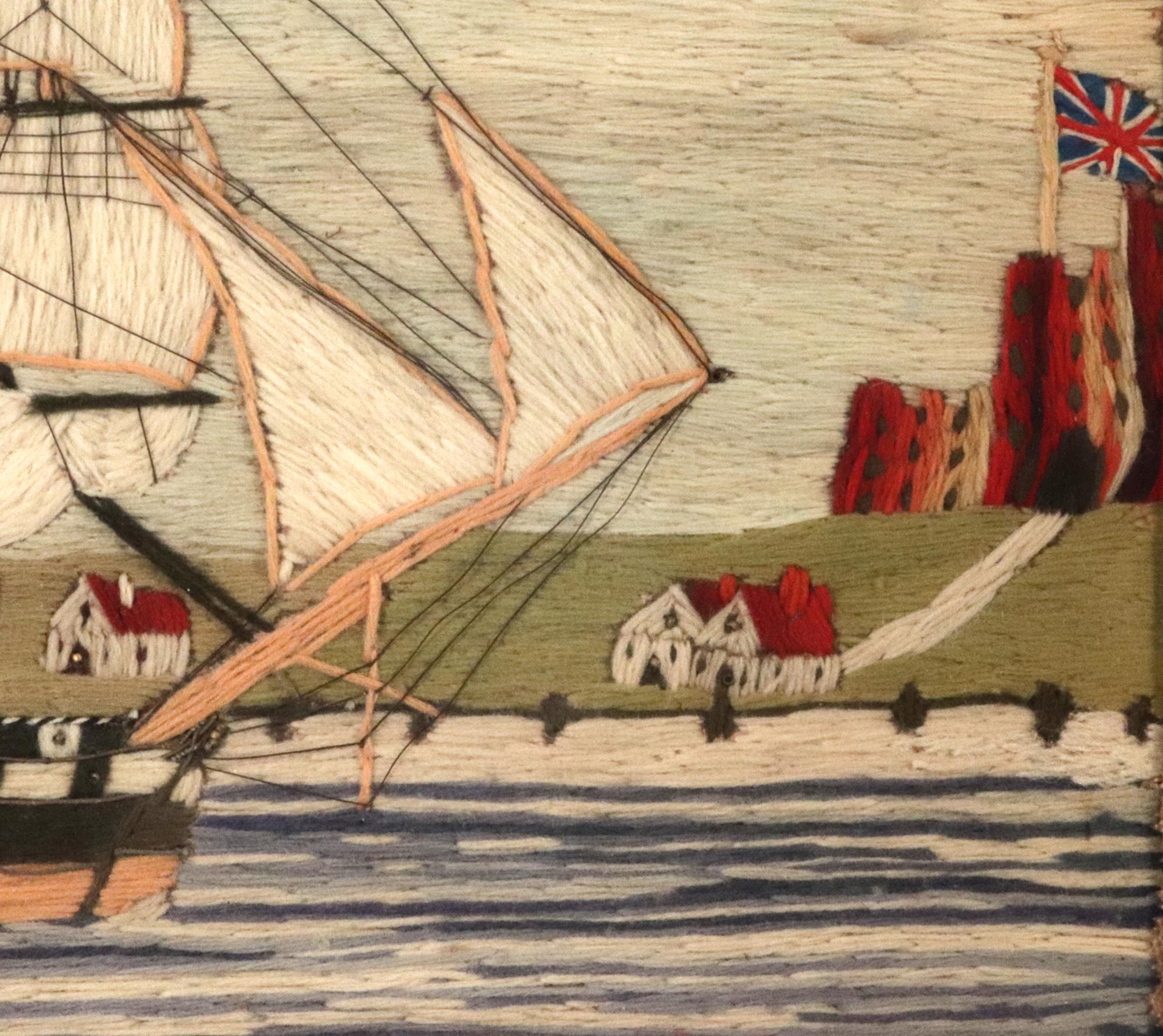 Britisches Matrosenwollbild von einem Schiff der Royal Navy vor Land, signiert und datiert WR 1865 im Angebot 1