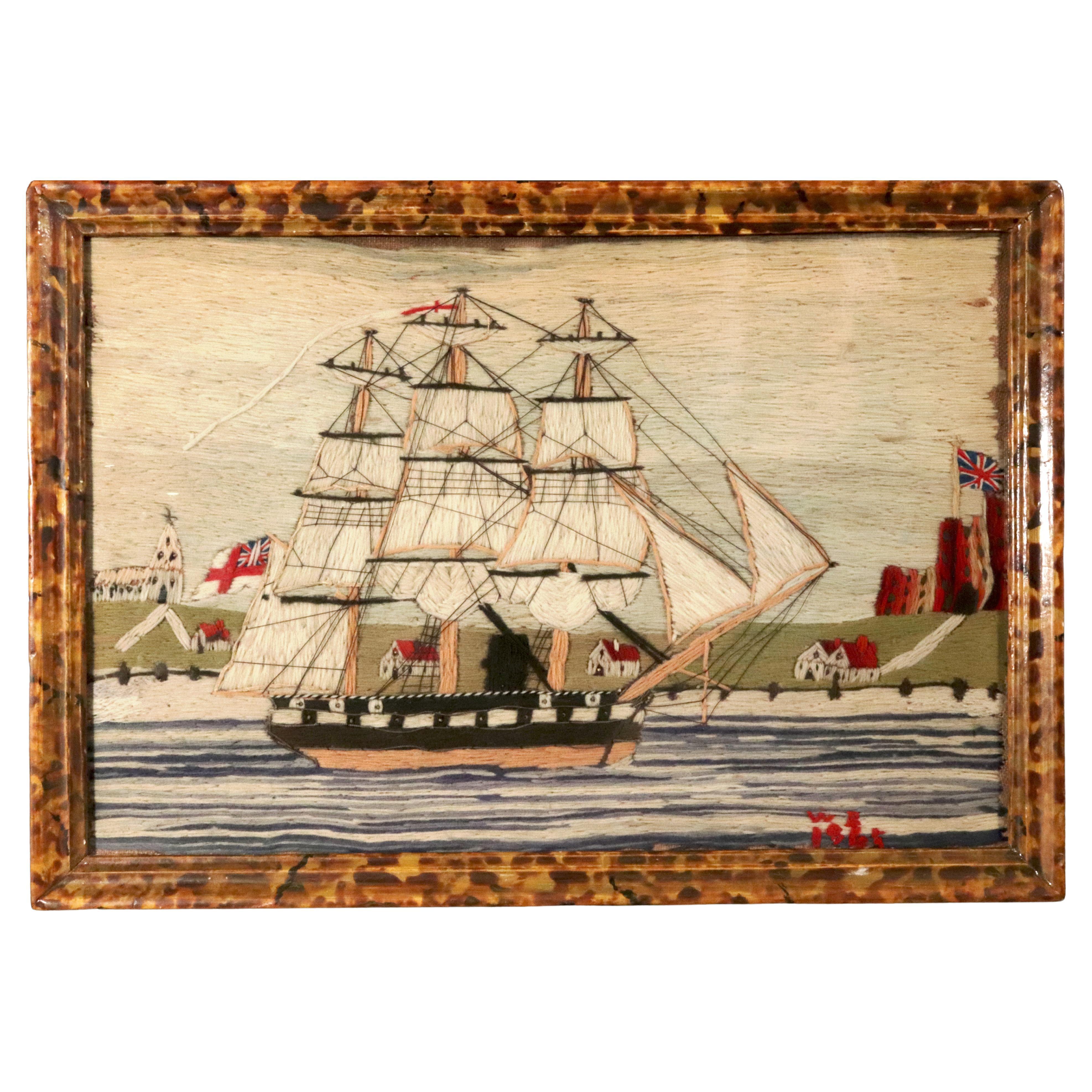 Britisches Matrosenwollbild von einem Schiff der Royal Navy vor Land, signiert und datiert WR 1865