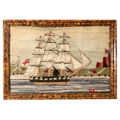 British Sailor's Woolwork of Royal Navy Ship off Land, Signed & Dated WR 1865
