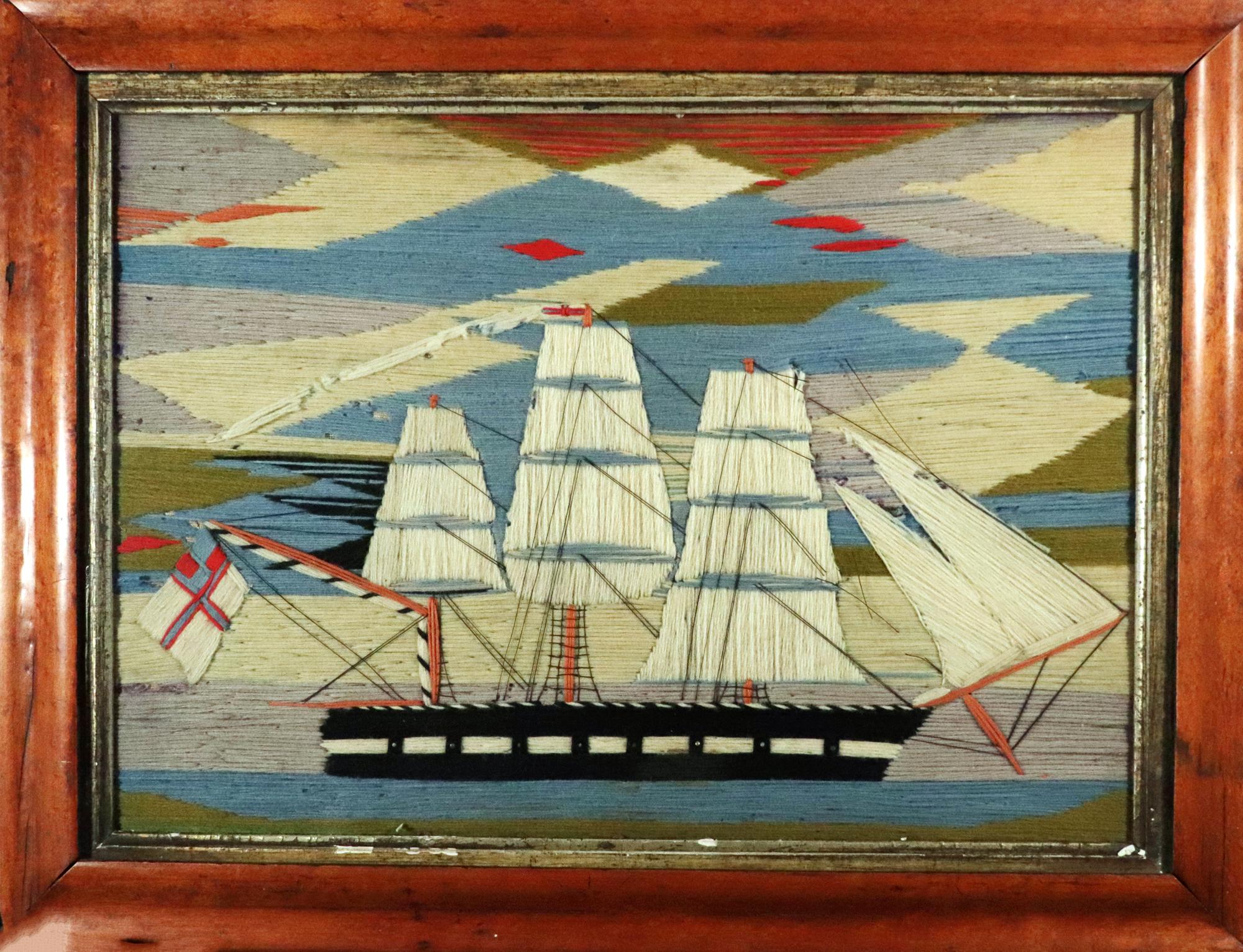 British Sailor's Woolwork of Royal Navy Ship with Sunset,
Circa 1875

This is a lovely example of a sailor's woolie with wonderful color and subject.

The sailor's woolwork or sailor's wool depicts a starboard side view of a ship close to shore