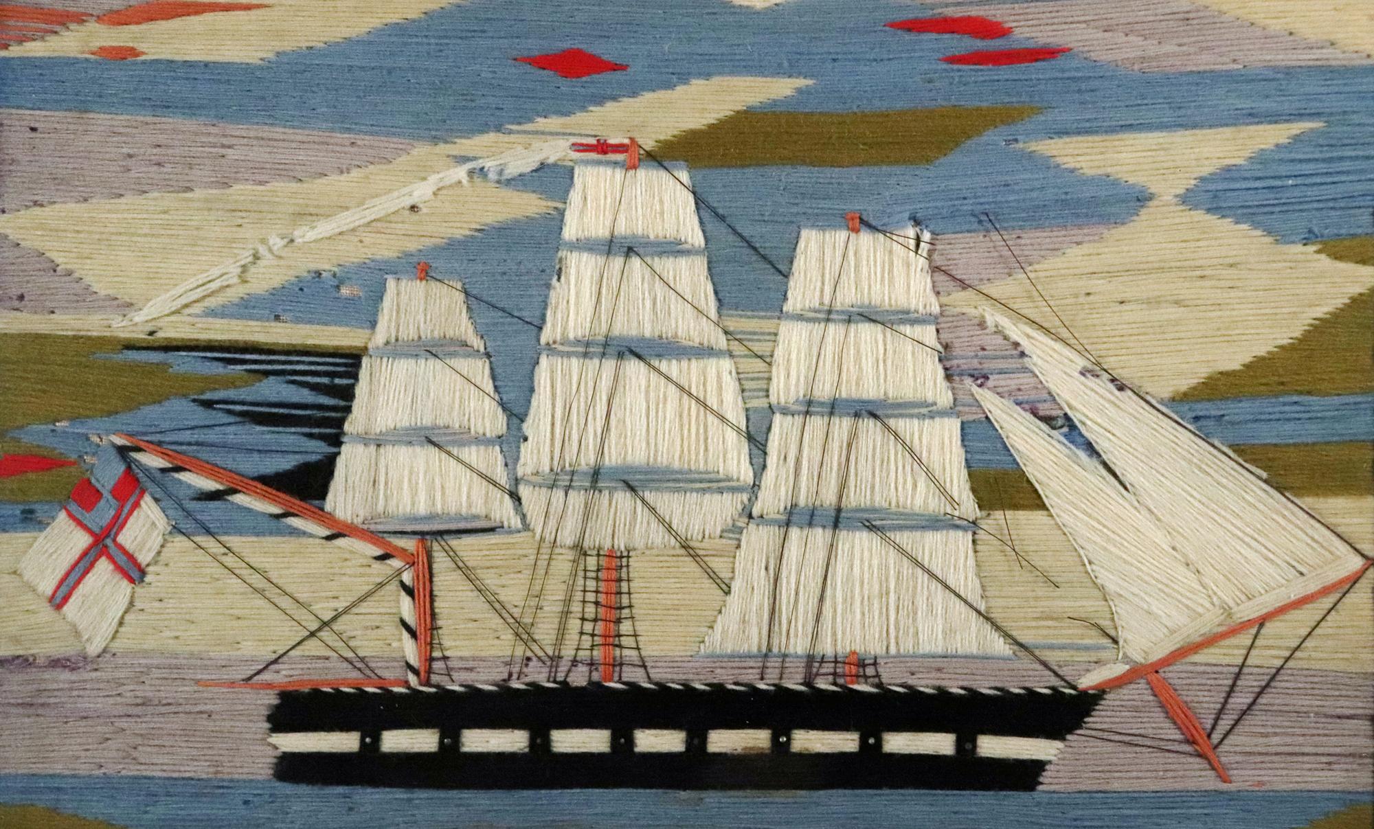 Folk Art British Sailor's Woolwork of Royal Navy Ship with Sunset For Sale