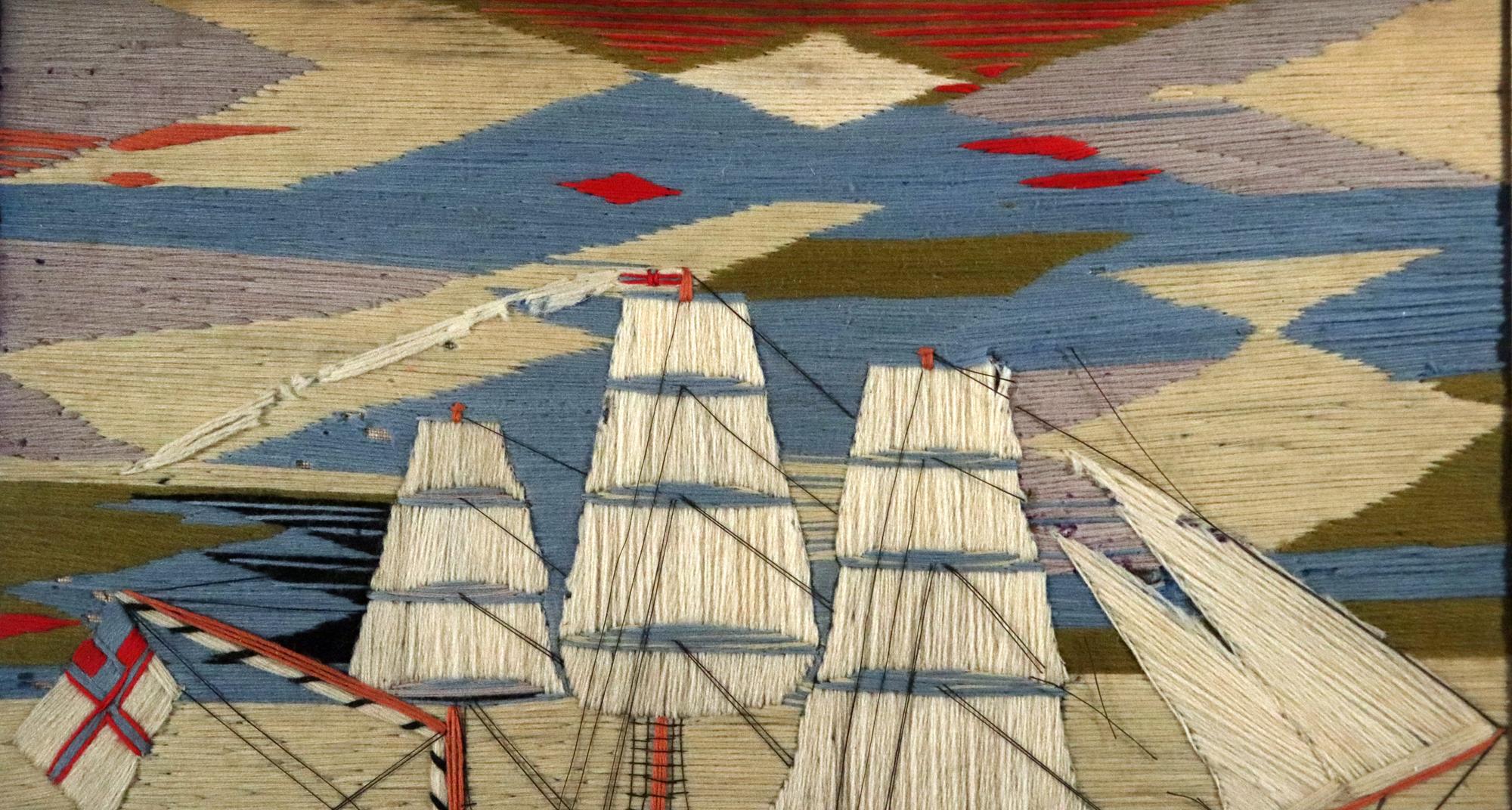 English British Sailor's Woolwork of Royal Navy Ship with Sunset For Sale