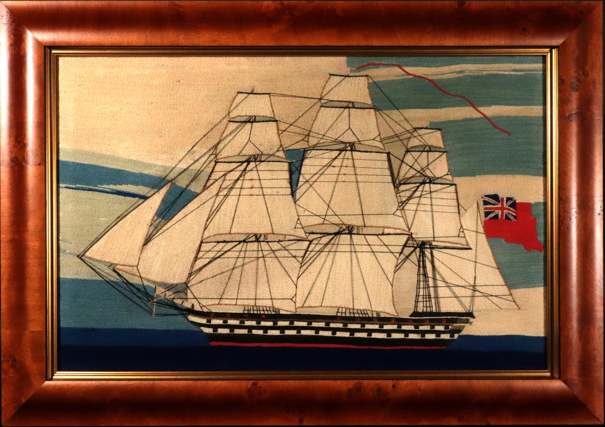 Laine de matelot britannique d'un navire de deuxième rang de la Royal Navy,
Vers 1760-65

Le lainage de marin représente une vue bâbord d'un navire de deuxième rang de la Royal Navy à pleines voiles sur une mer bleue avec des bandes de nuages dans