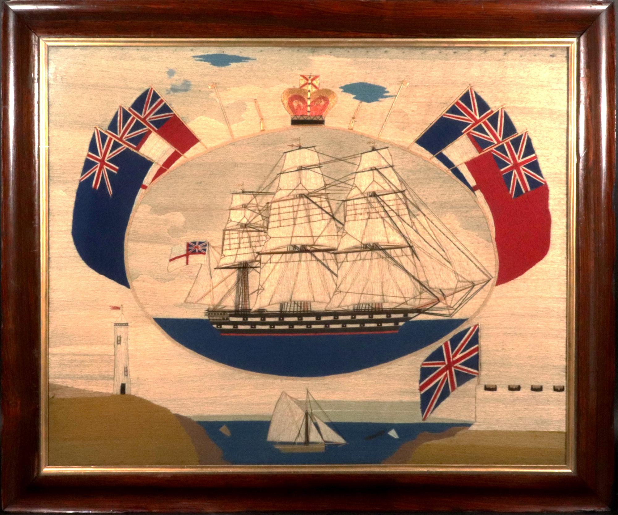 British Sailor's Woolwork of Second Rate Royal Navy Ship with Flag Surround,
Circa 1875

The sailor's woolwork or woolie depicts a starboard Second Rate Royal Navy ship under full sail on a calm, flat dark blue sea.  The ship is within an oval panel