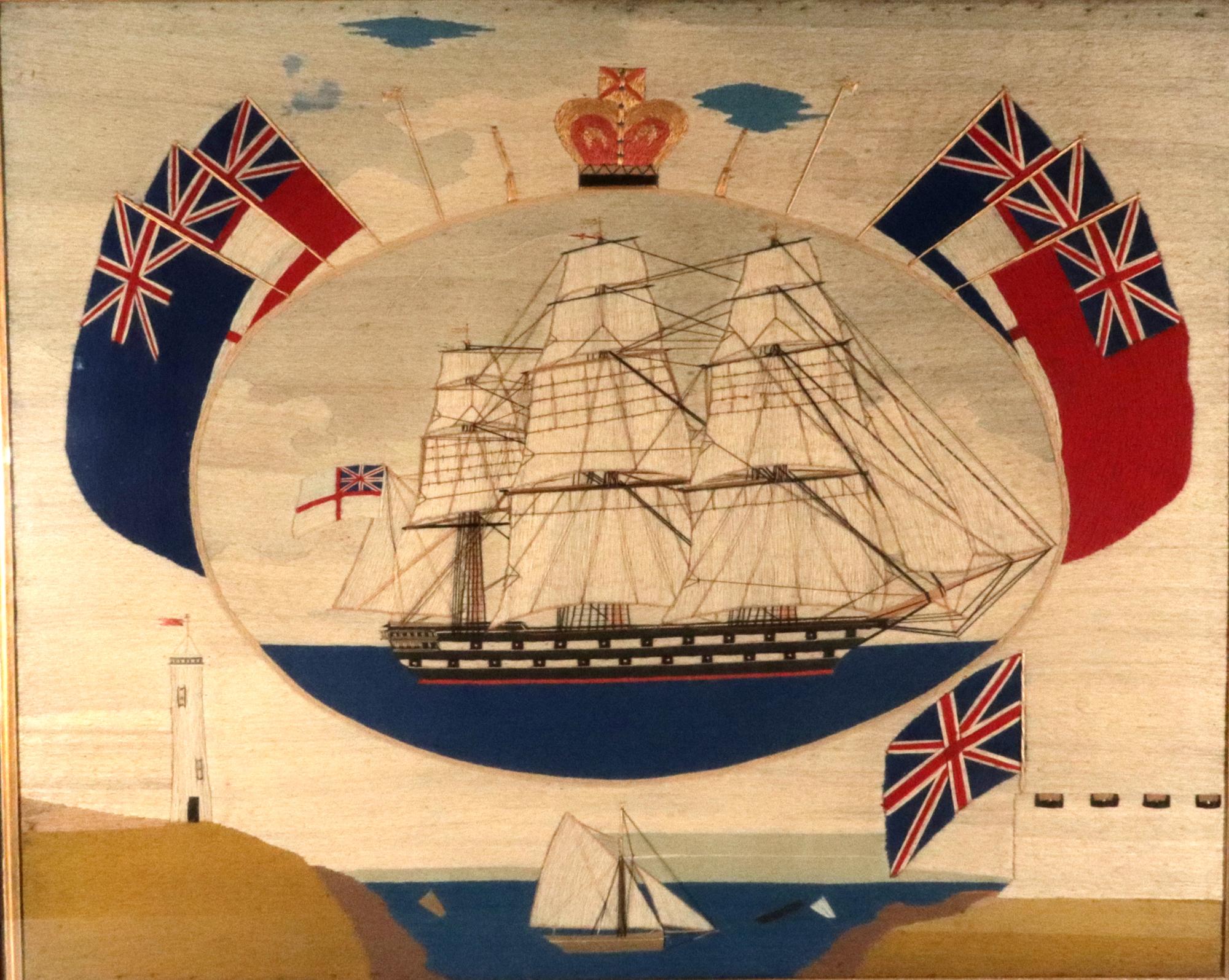 Folk Art British Sailor's Woolwork of Second Rate Royal Navy Ship with Flag Surround For Sale