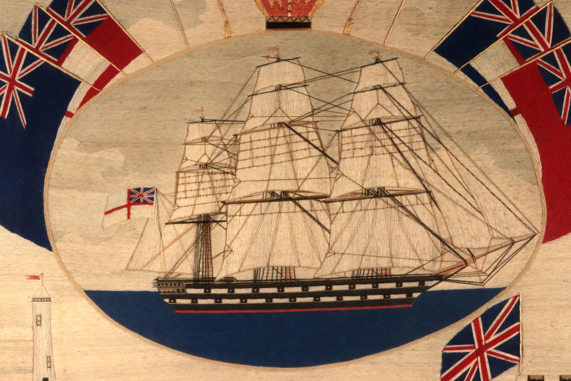 English British Sailor's Woolwork of Second Rate Royal Navy Ship with Flag Surround For Sale
