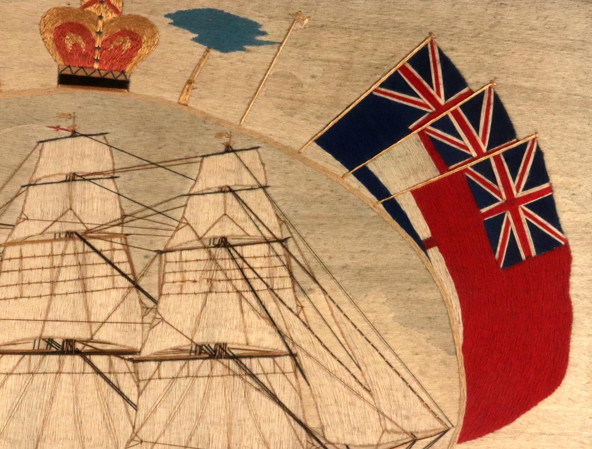 Late 19th Century British Sailor's Woolwork of Second Rate Royal Navy Ship with Flag Surround For Sale