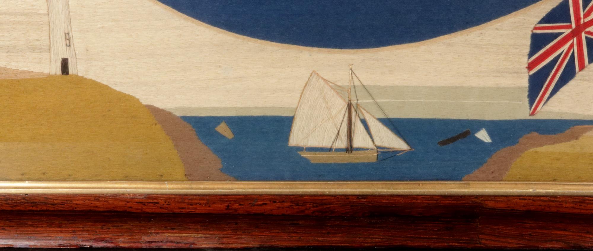 British Sailor's Woolwork of Second Rate Royal Navy Ship with Flag Surround For Sale 1